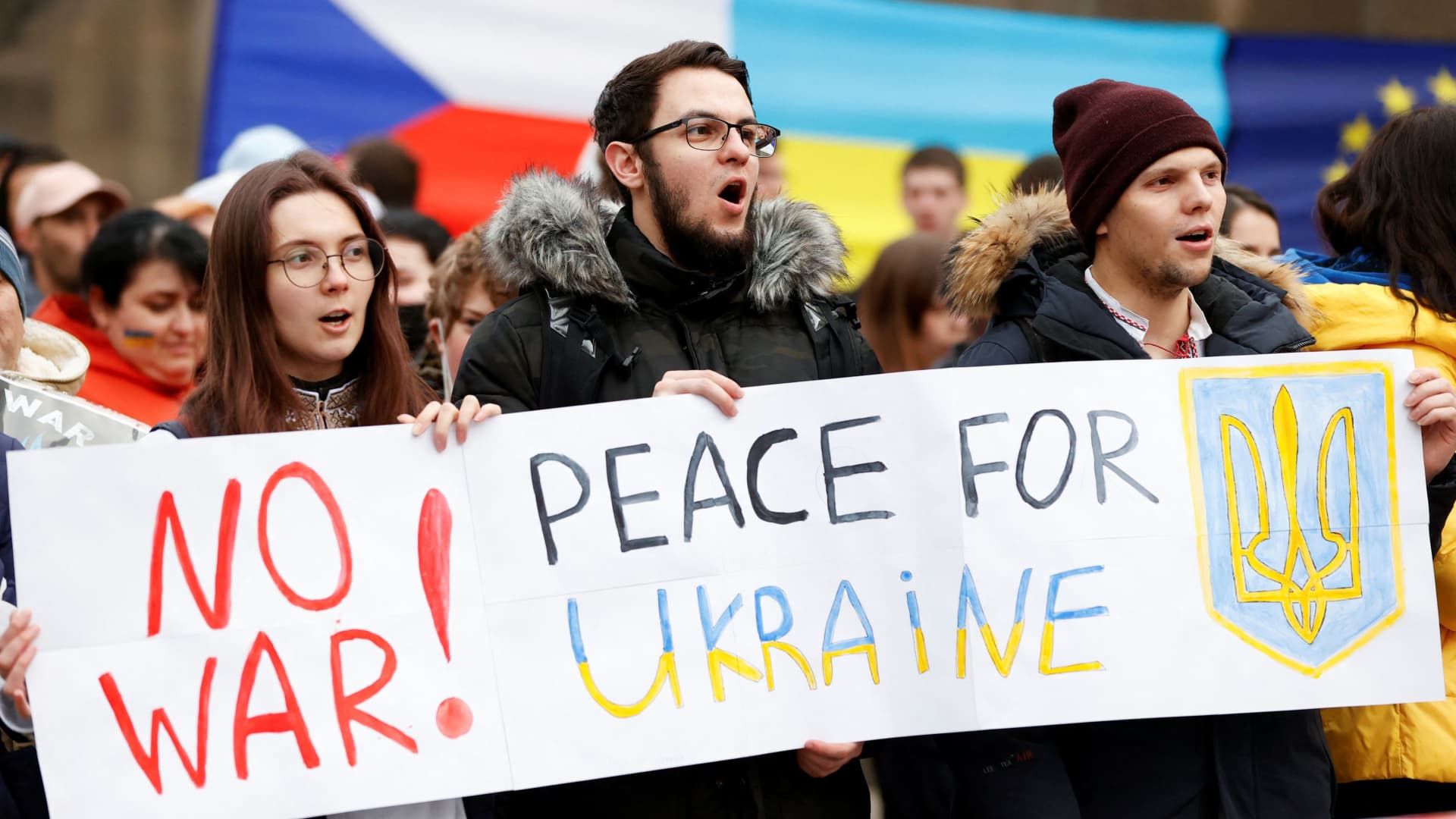 Demonstrators attend a rally in support of Ukraine after Russian President Vladimir Putin authorized a military operation in eastern Ukraine, in Prague, Czech Republic, February 24, 2022.