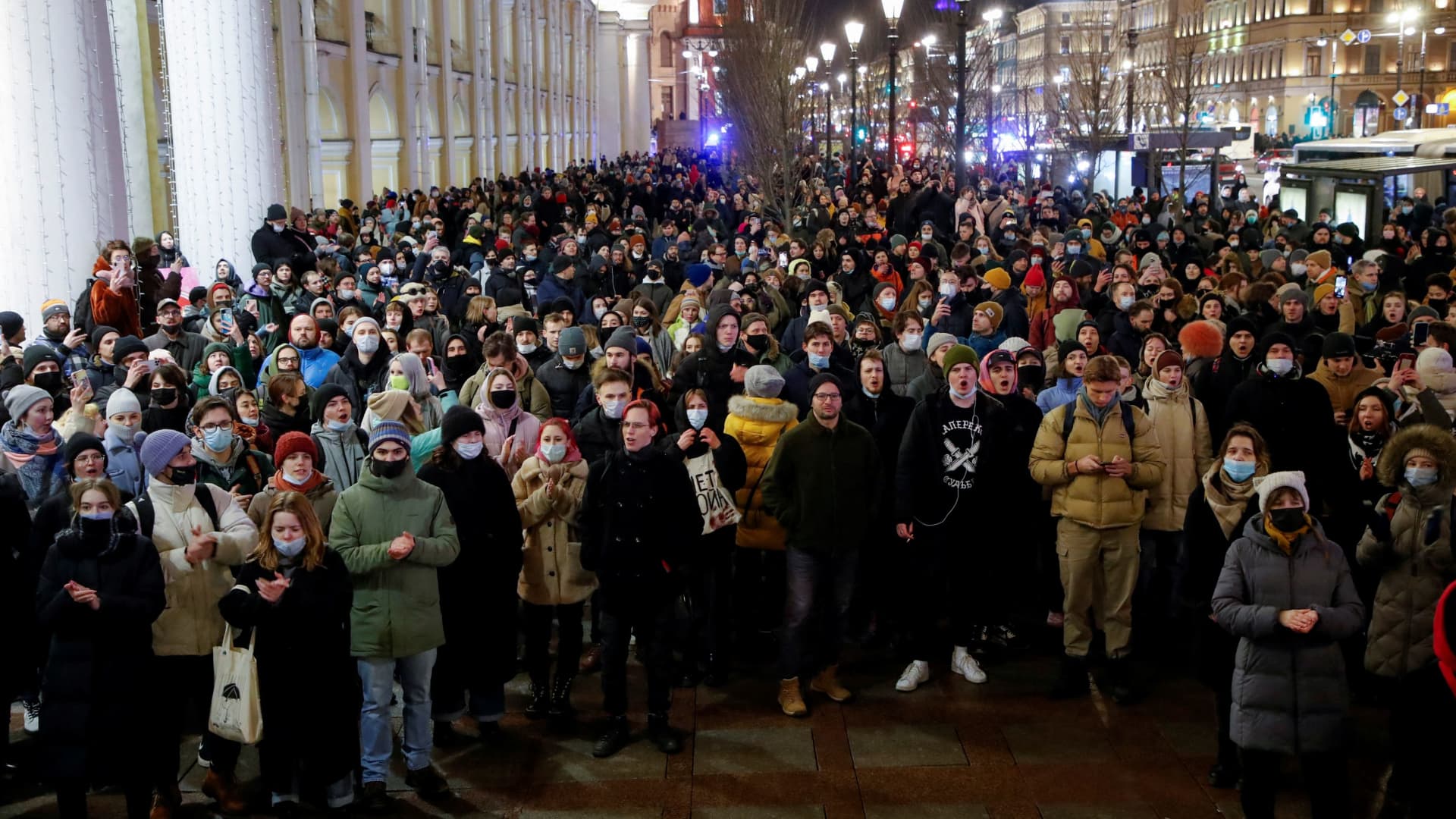 People attend an anti-war protest in Saint Petersburg, Russia, on Feb. 24, 2022, after Russian President Vladimir Putin authorized a military operation in Ukraine.