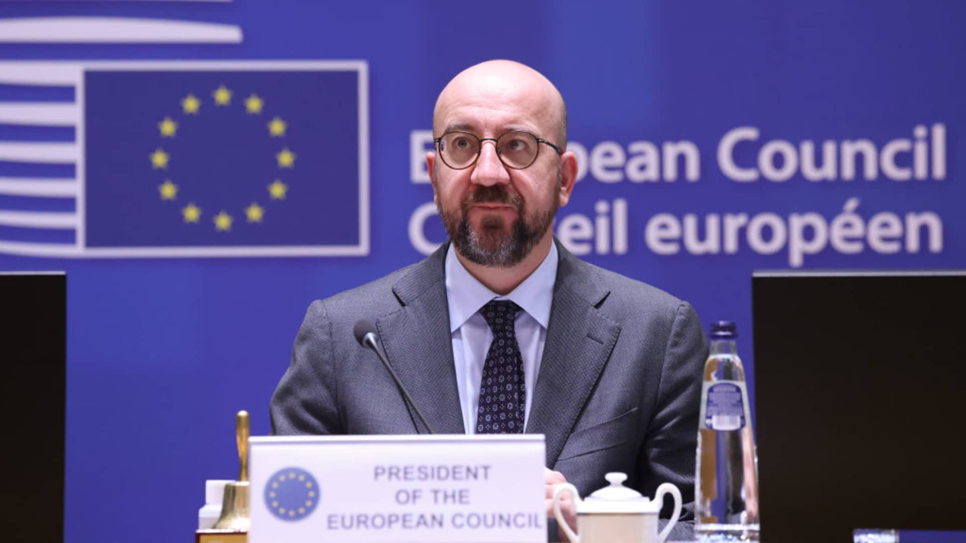 European Council President Charles Michel attends EU Leaders Summit on Russia-Ukraine crisis in Brussels, Belgium on February 24, 2022.
