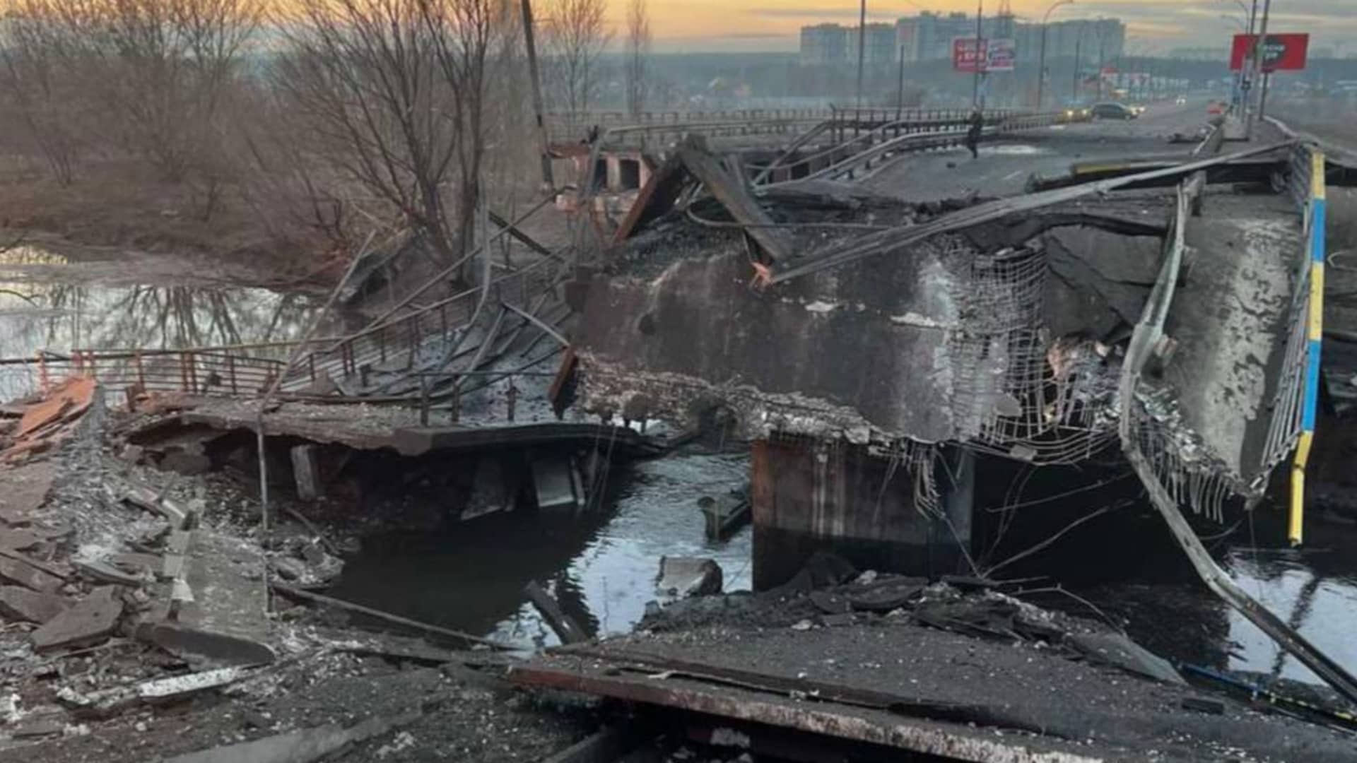 A destroyed bridge in Ukraine.