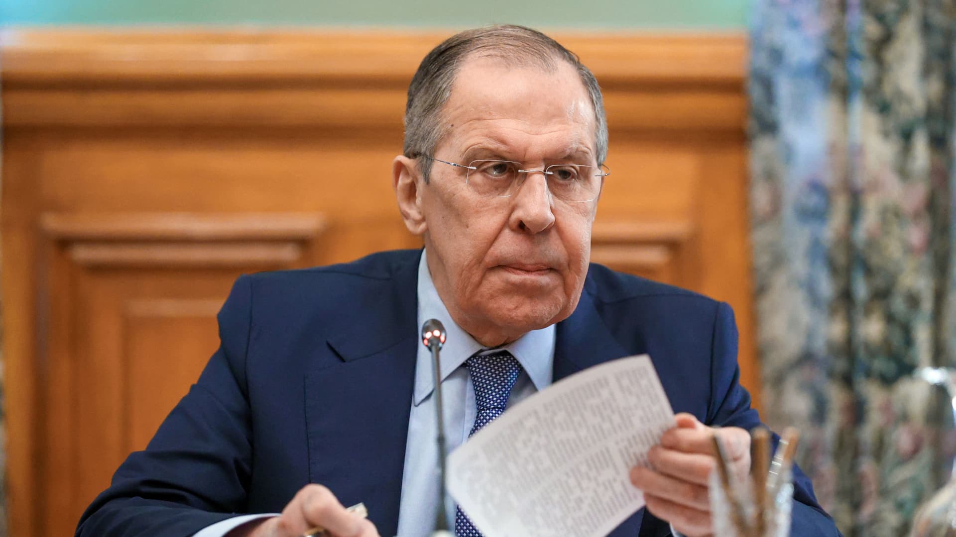 Russia's Foreign Minister Sergei Lavrov attends a meeting with Vladislav Deinego, head of the Foreign Ministry of the self-proclaimed Lugansk People's Republic, and Sergei Peresada, deputy head of the Foreign Ministry of the self-proclaimed Donetsk People's Republic, in Moscow, Russia February 25, 2022.