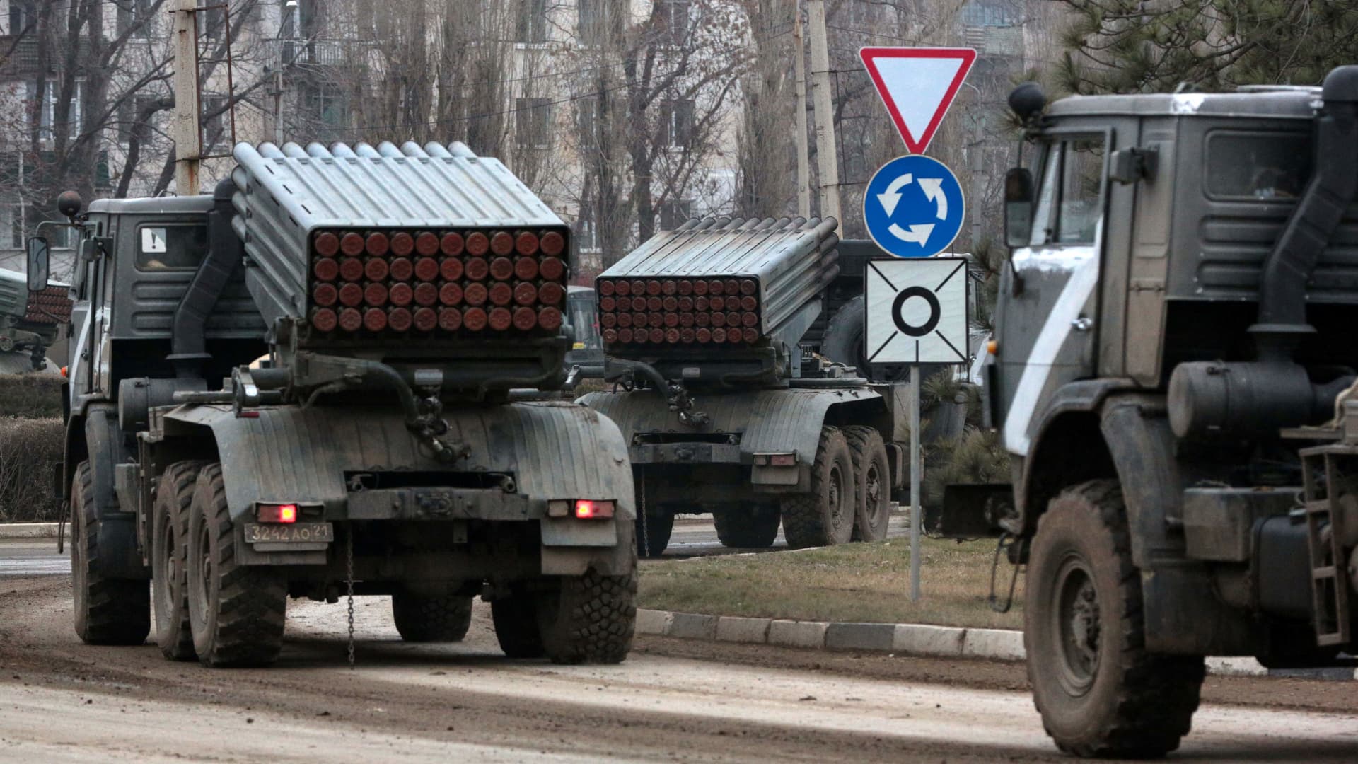 Russian army military vehicles are seen in Armyansk, Crimea, on February 25, 2022.