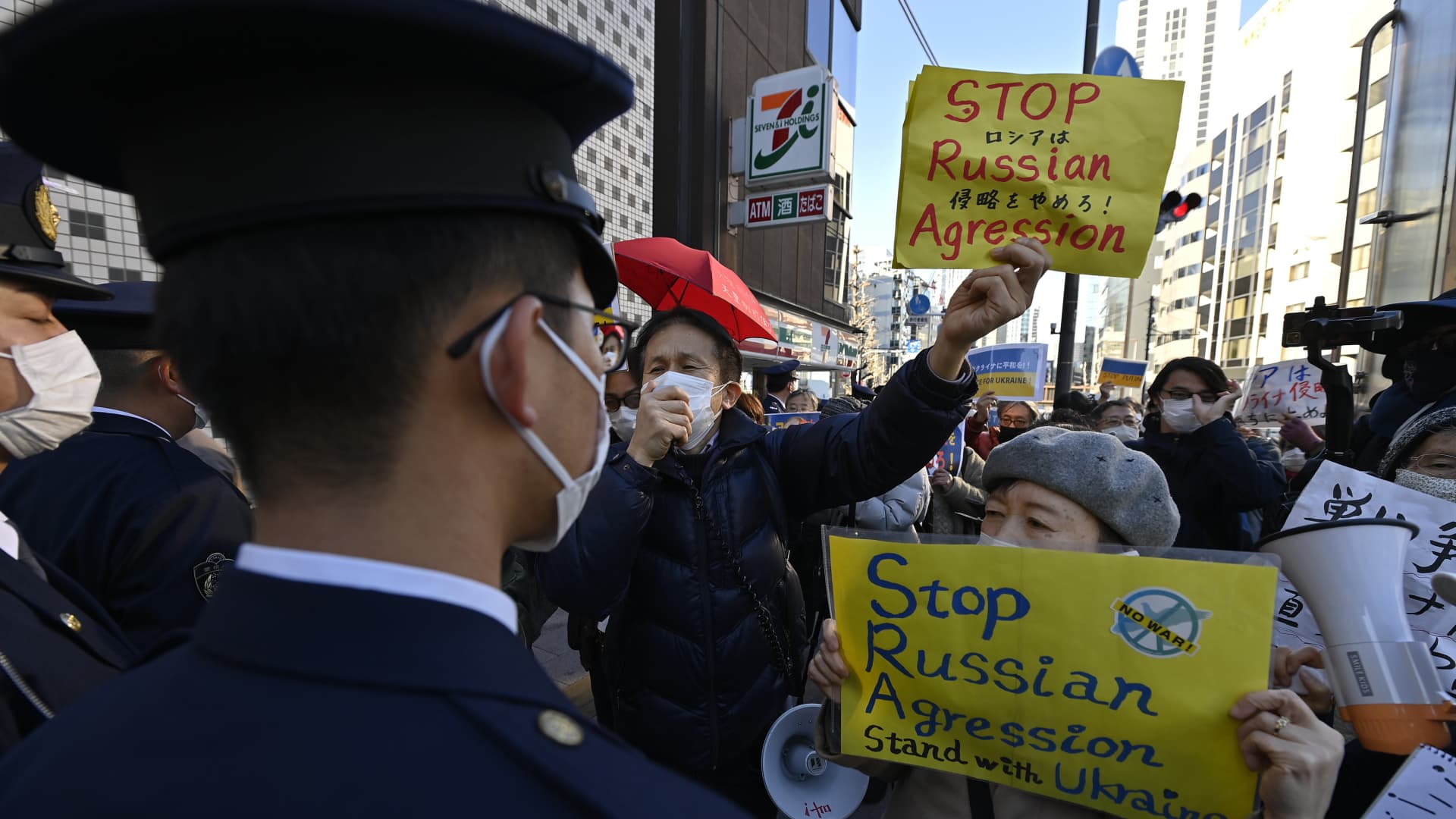 People protest against the Russiaâs military operation in Ukraine, on February 25, 2022 in front of the Russia embassy in Tokyo, Japan.