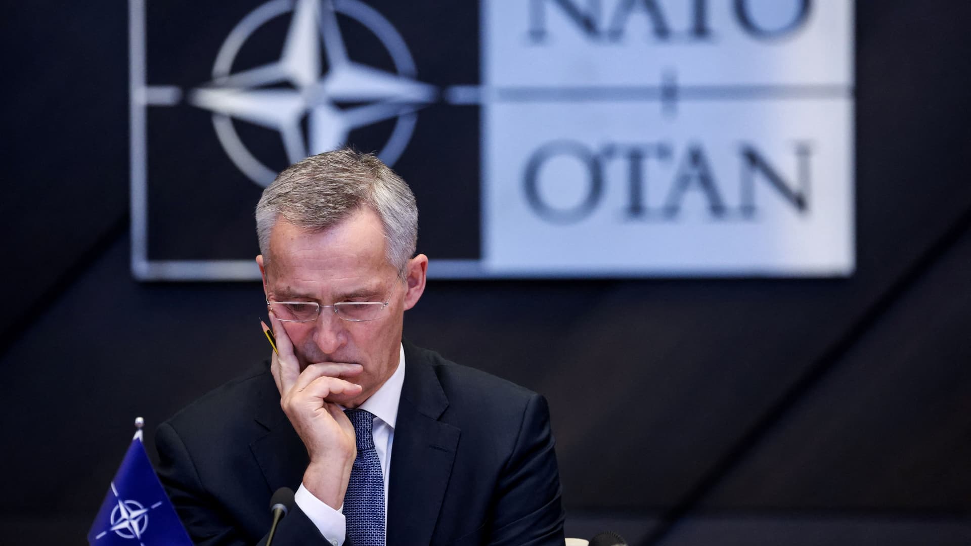 NATO Secretary General Jens Stoltenberg attends the opening of a NATO video summit on Russia's invasion of the Ukraine at the NATO headquarters in Brussels on February 25, 2022.