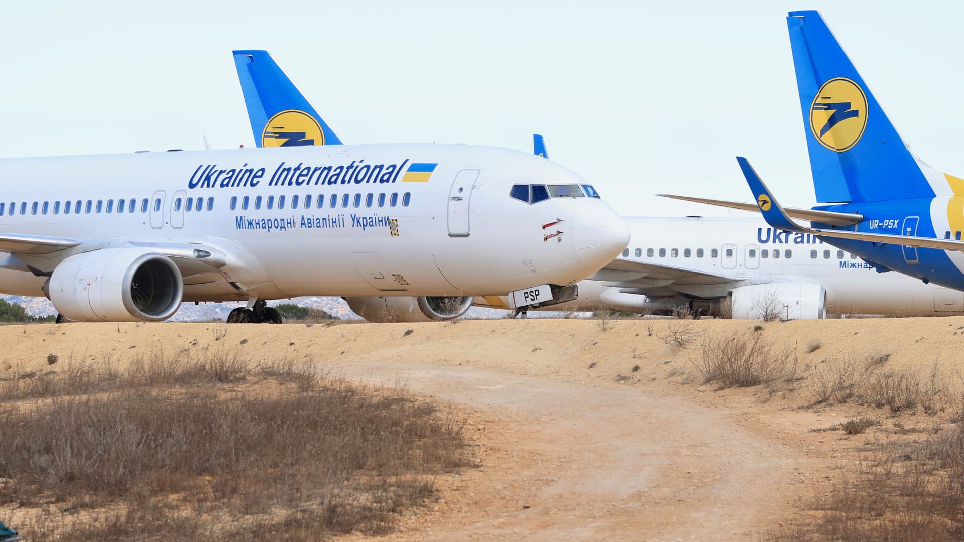 One of the five Ukrainian Boeign 737-800 aircraft that landed yesterday at Castellon airport in the face of the political situation in Ukraine and Russia, on 15 February, 2022 in Castellon, Valencian Community, Spain.