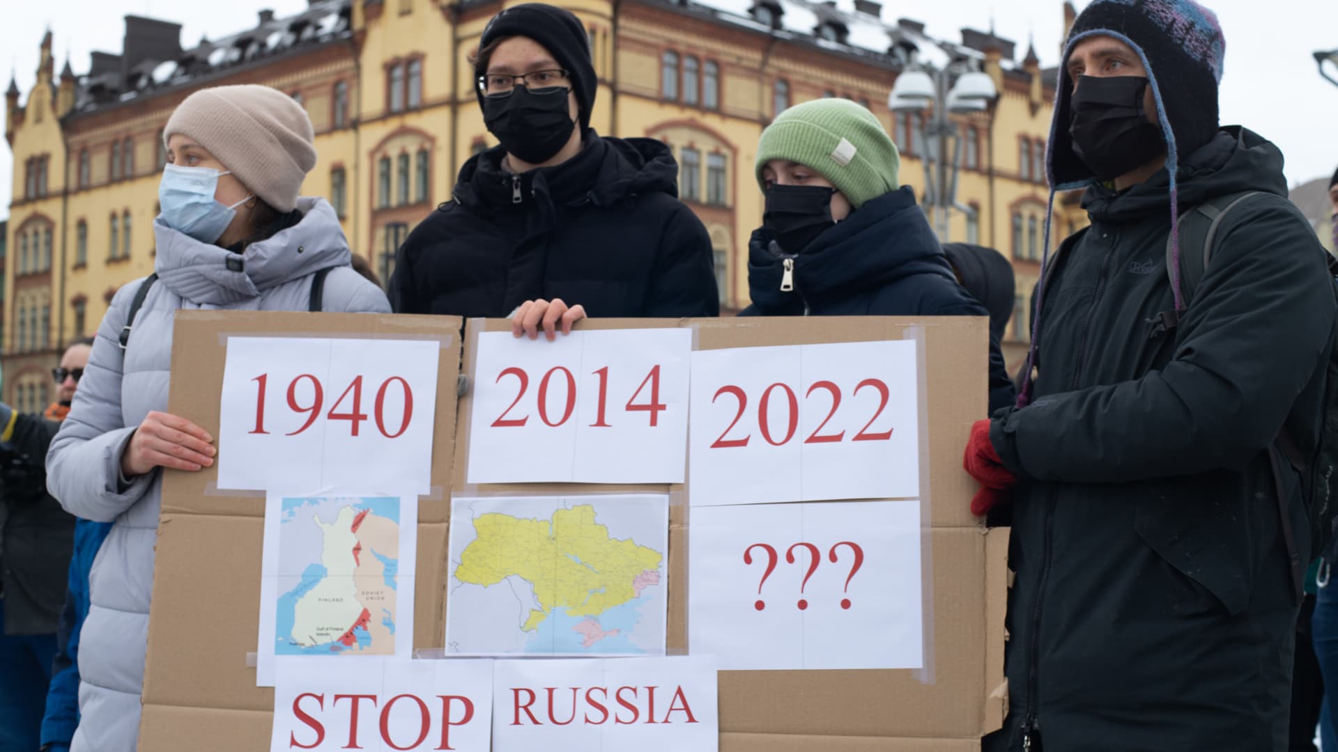 Finnish people and Ukrainians living in Finland protest against the Russian invasion in Ukraine and in solidarity with the Ukrainian people, in the centre of Tampere, Finland on Thursday, February 24th, 2022.