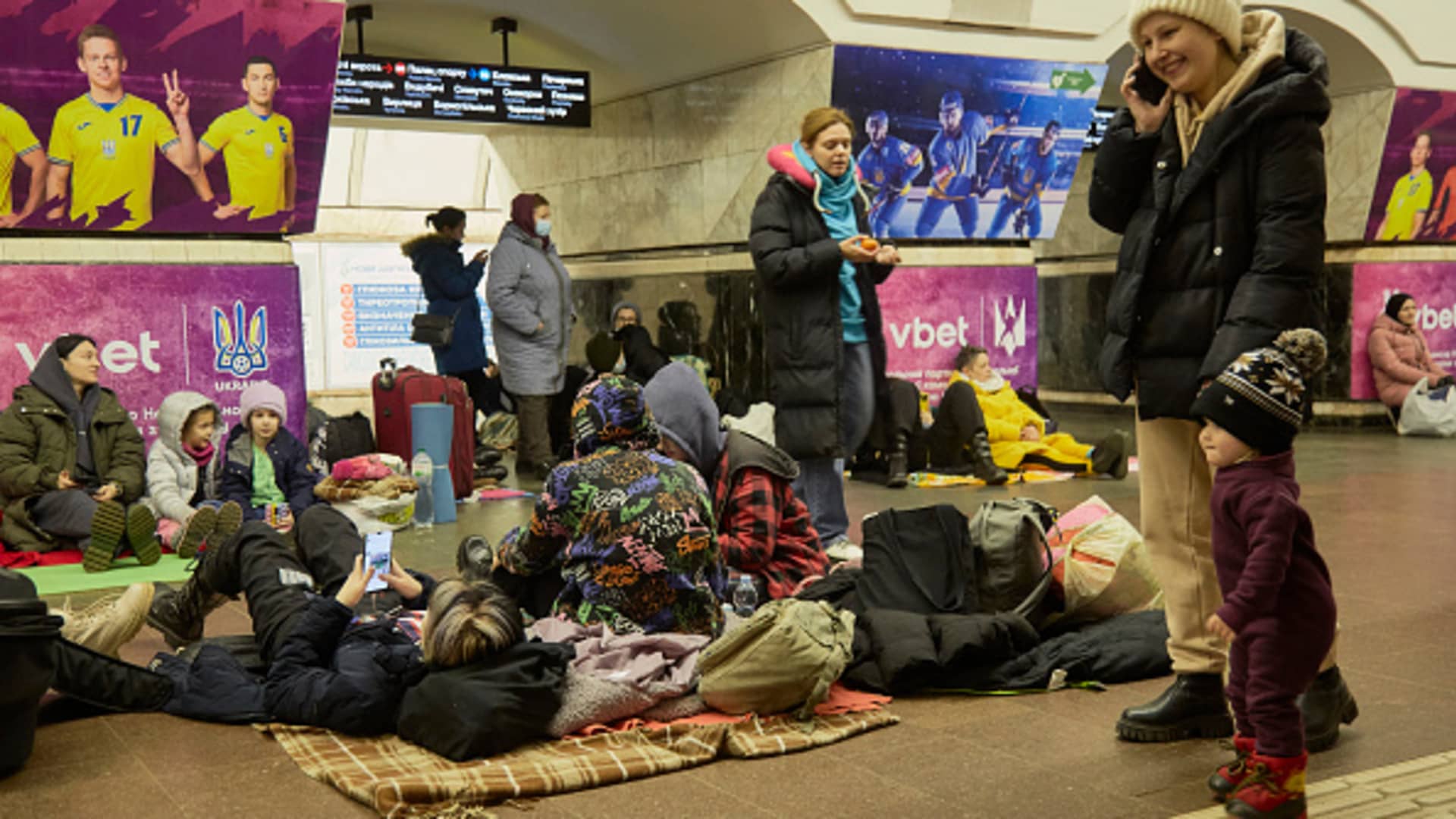 People take shelter from bombings in a underground station on February 25, 2022 in Kyiv, Ukraine.