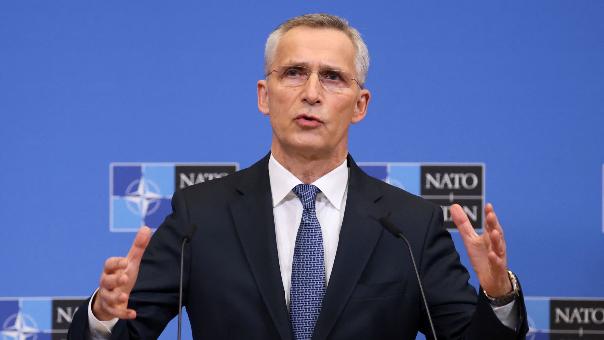 NATO Secretary-General Jens Stoltenberg speaks at a news conference following a NATO leaders virtual summit, after Russia launched a massive military operation against Ukraine, in Brussels, Belgium February 25, 2022.