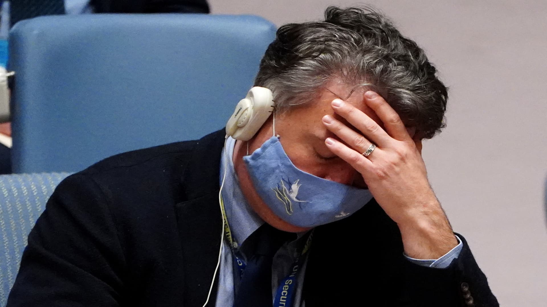 Ukrainian Ambassador to the United Nations Sergiy Kyslytsya reacts during a United Nations Security Council meeting, on a resolution regarding Russia's actions toward Ukraine, at the United Nations Headquarters in New York City, U.S., February 25, 2022.