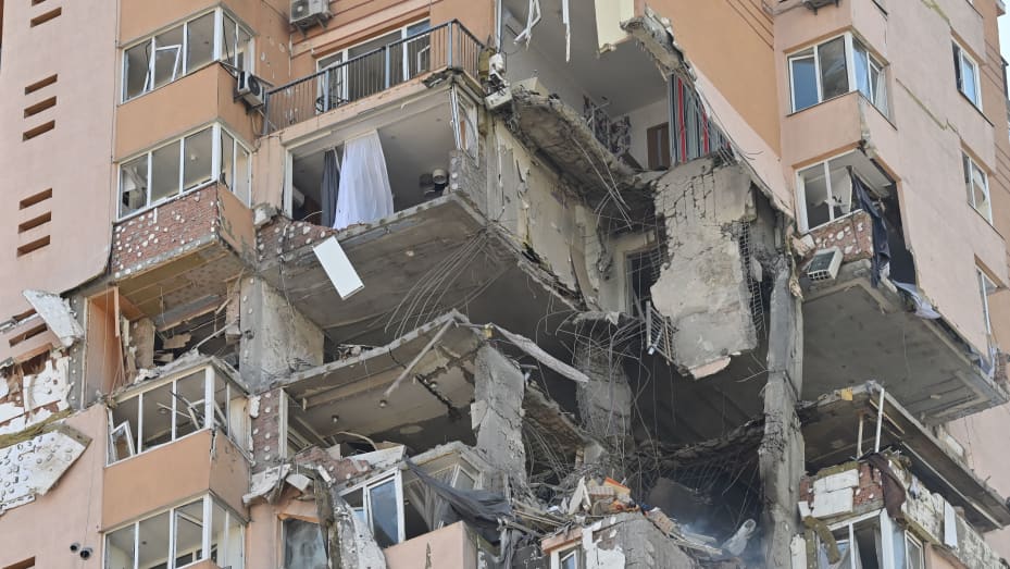 A view of a high-rise apartment block which was hit by recent shelling in Kyiv on February 26, 2022.