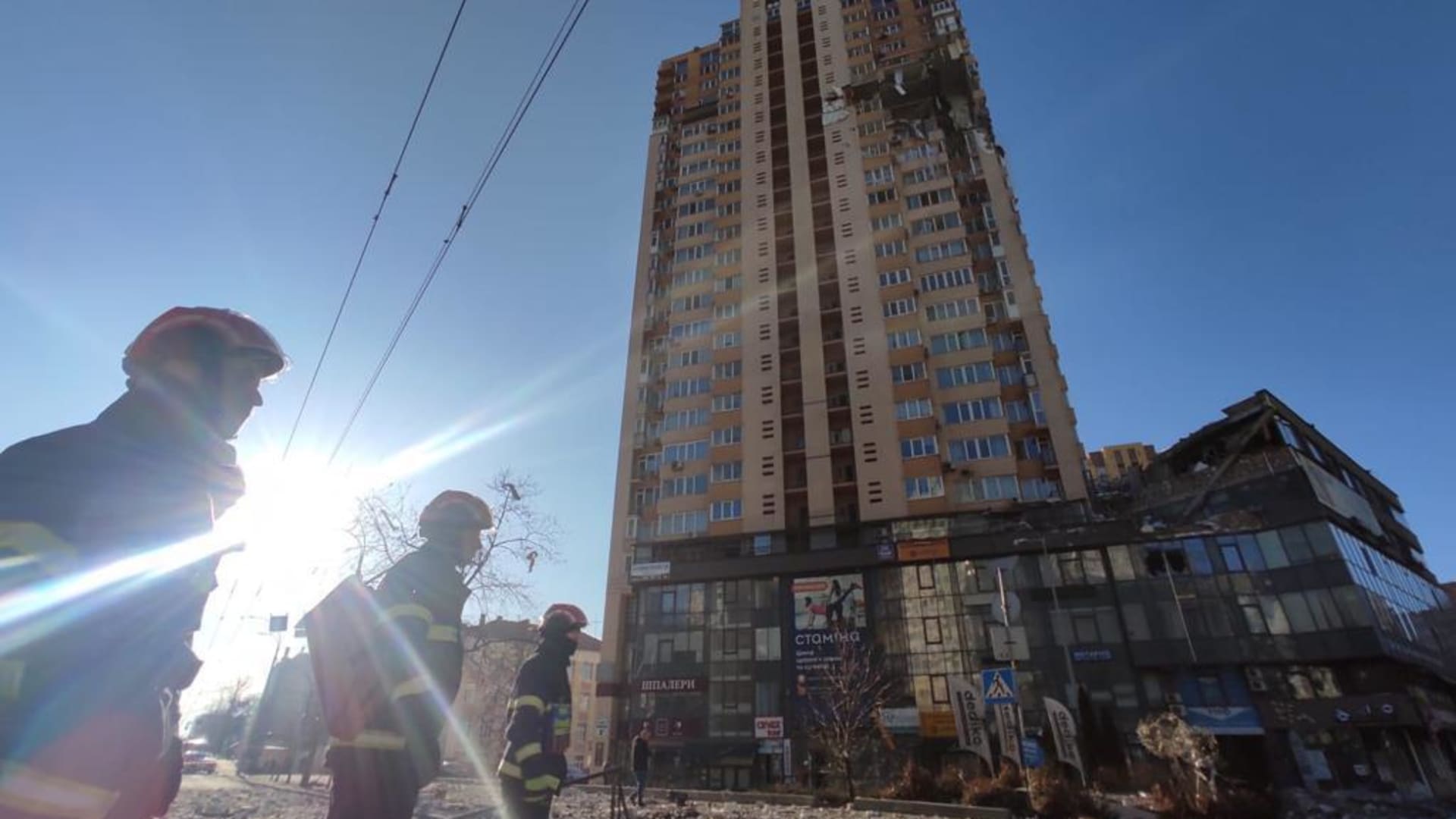 Residential building is seen damaged after an attack on a residential building during Russiaâs military intervention in Kyiv, Ukraine on February 26, 2022.