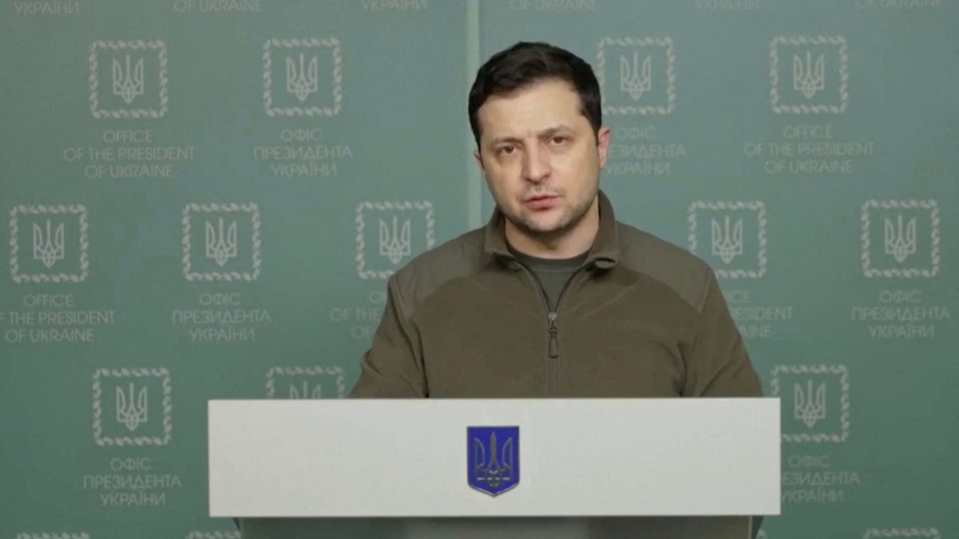 Ukrainian President Volodymyr Zelenskyy speaks about current situation in Kyiv, in Ukraine, February 26, 2022, in this still image taken from a handout video.