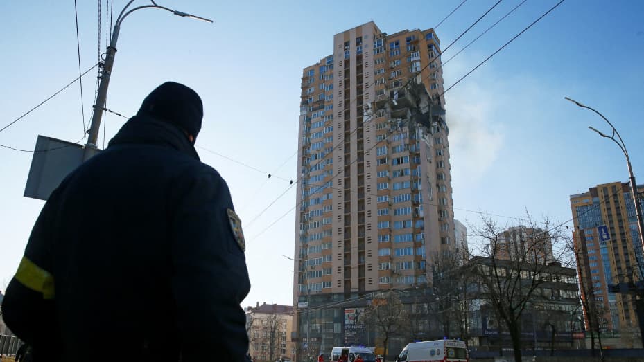 A view shows an apartment building damaged by recent shelling in Kyiv, Ukraine February 26, 2022.
