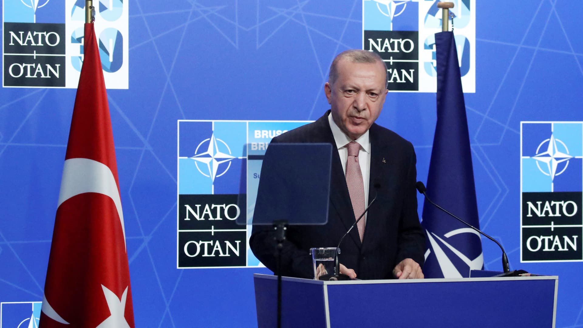 Turkey's President Tayyip Erdogan holds a news conference during the NATO summit at the Alliance's headquarters in Brussels, Belgium June 14, 2021.
