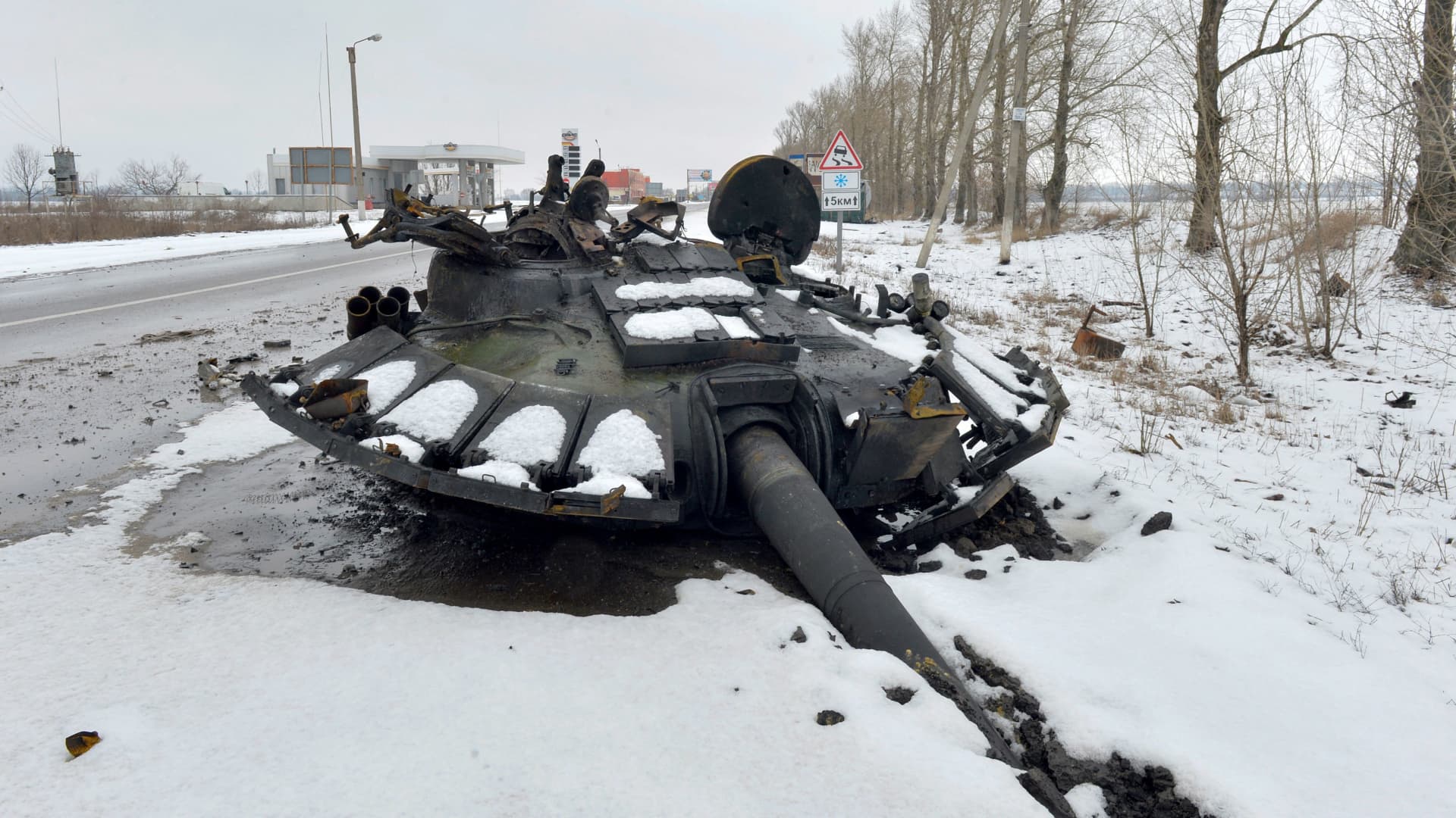 A fragment of a destroyed Russian tank is seen on the roadside on the outskirts of Kharkiv on February 26, 2022, following the Russian invasion of Ukraine.