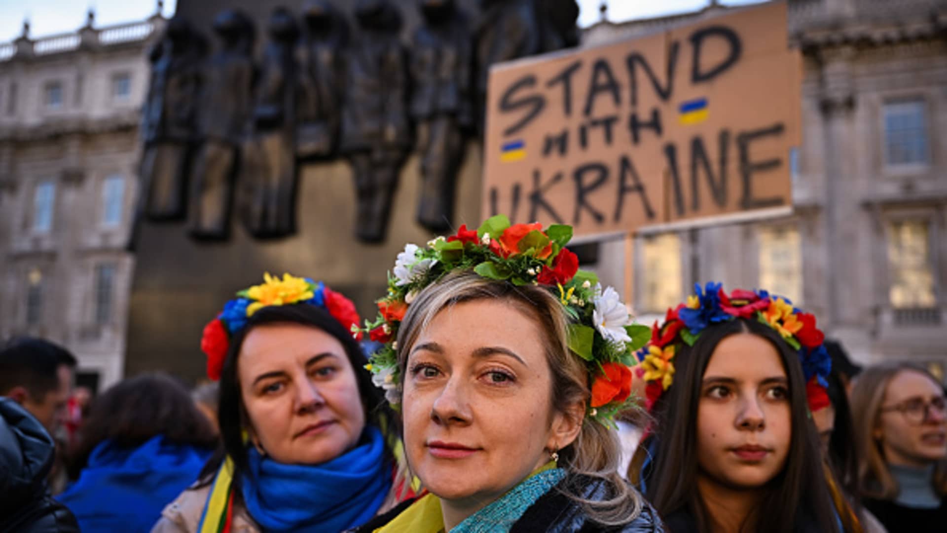 Supporters of Ukraine demonstrate in Whitehall outside of Downing Street the residence of the UK Prime Minister Boris Johnson for a third successive day on February 26, 2022 in London, England. Russia's attack on Ukraine this week has incited a wave of protests across Europe and beyond, and a raft of sanctions aimed at Russian politicians and institutions.