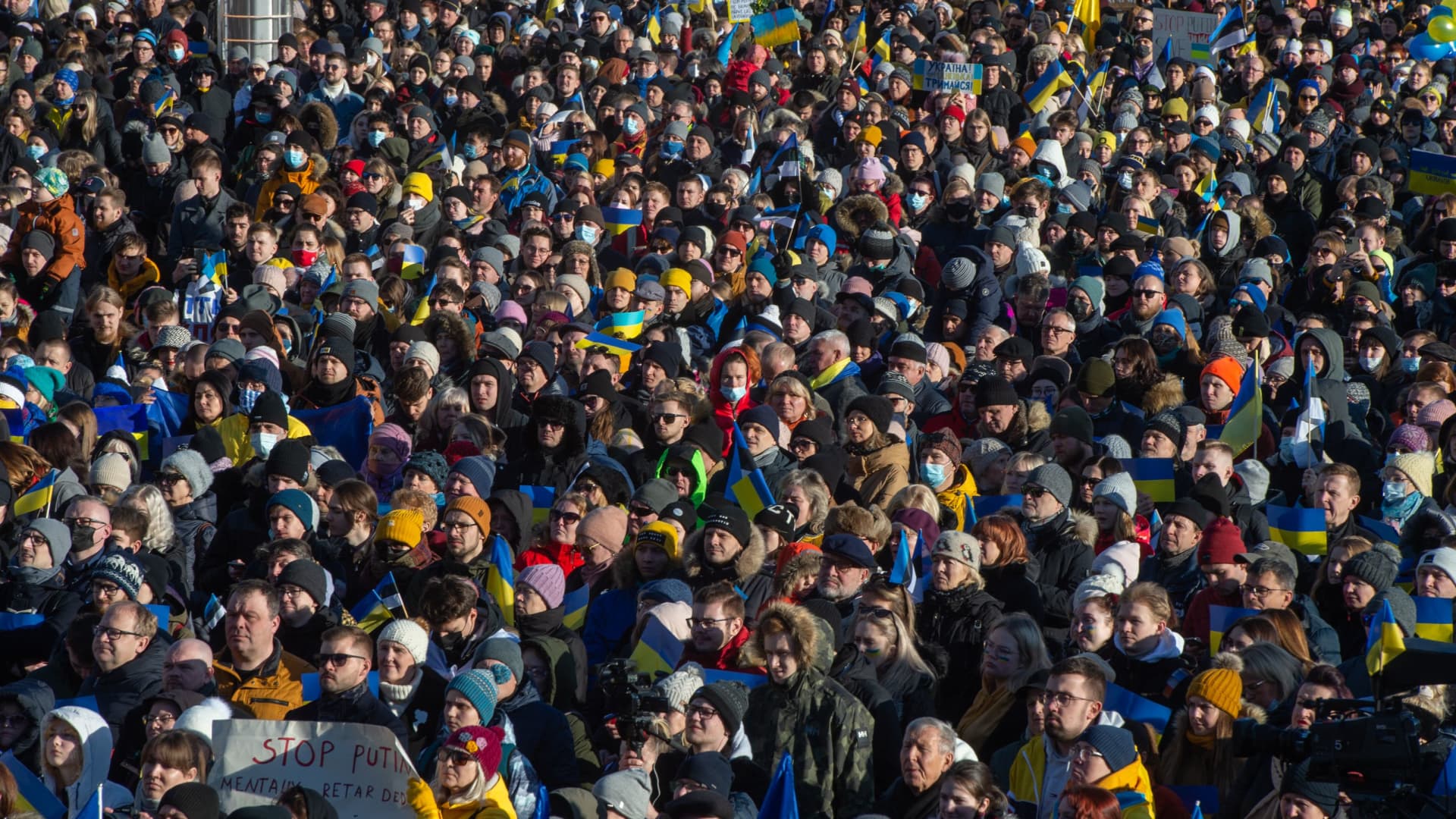 Protesters take part in a demonstration in support of Ukraine on Freedom Square in Tallinn, Estonia, on February 26, 2022, following Russia's invasion of Ukraine.