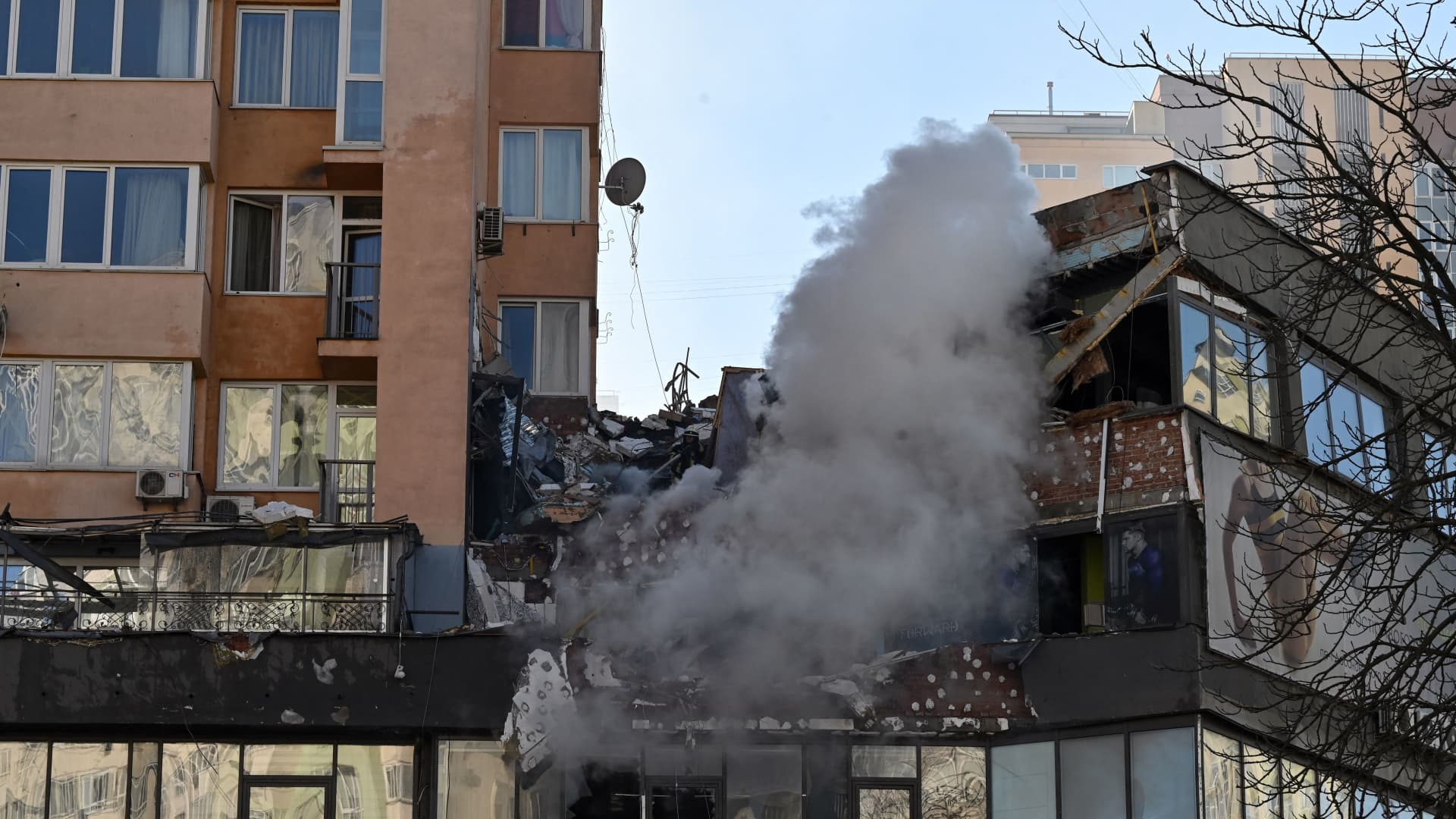 A view of a high-rise apartment block which was hit by recent shelling in Kyiv on Feb. 26, 2022. The UNHCR said Feb. 27 that over 160,000 people have reportedly been internally displaced so far since the Russian invasion.