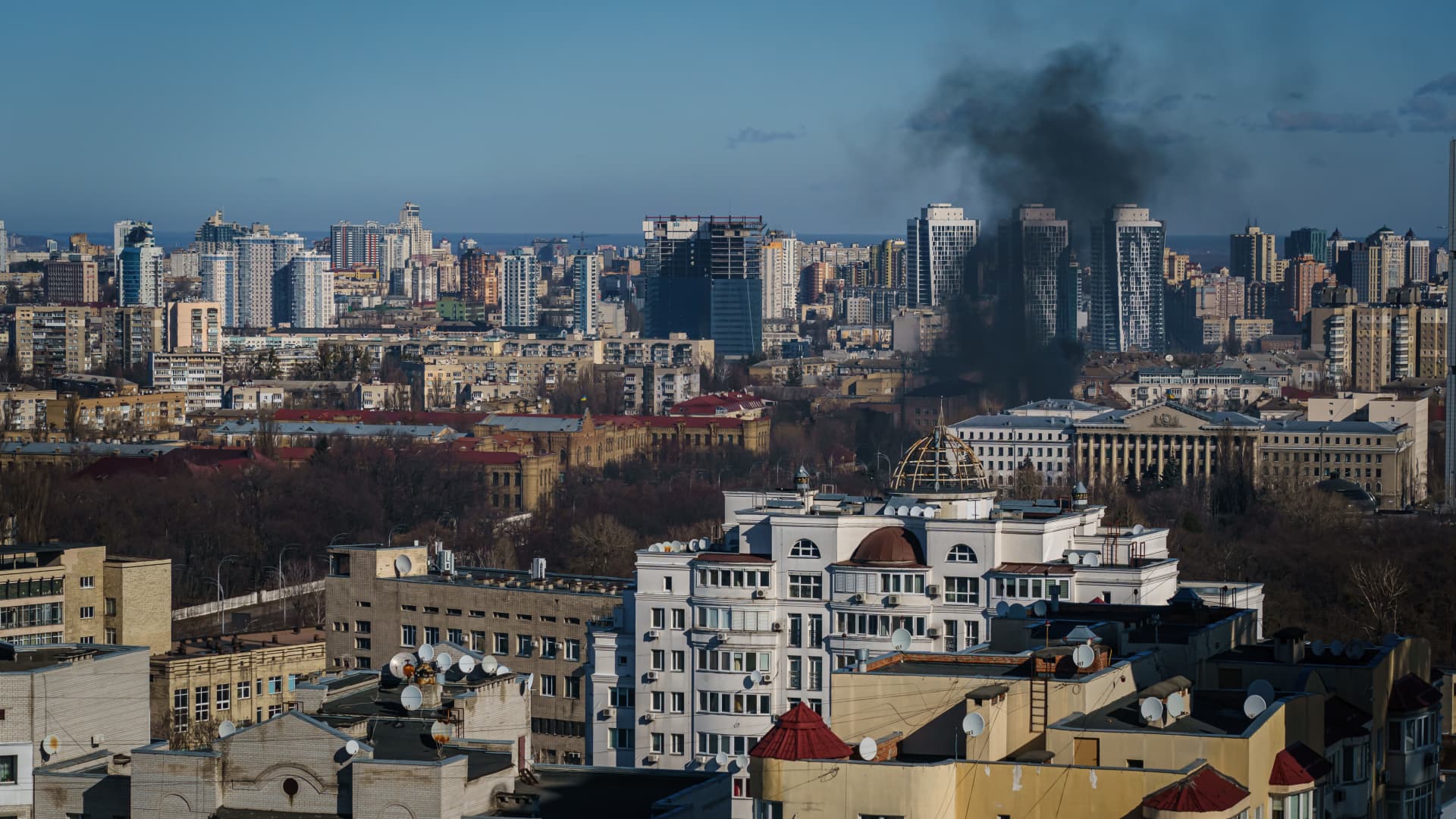 Day 3 of Russia's invasion of Ukraine. A smoke column rises after an attack in Kyiv, Ukraine on Feb. 26, 2022.