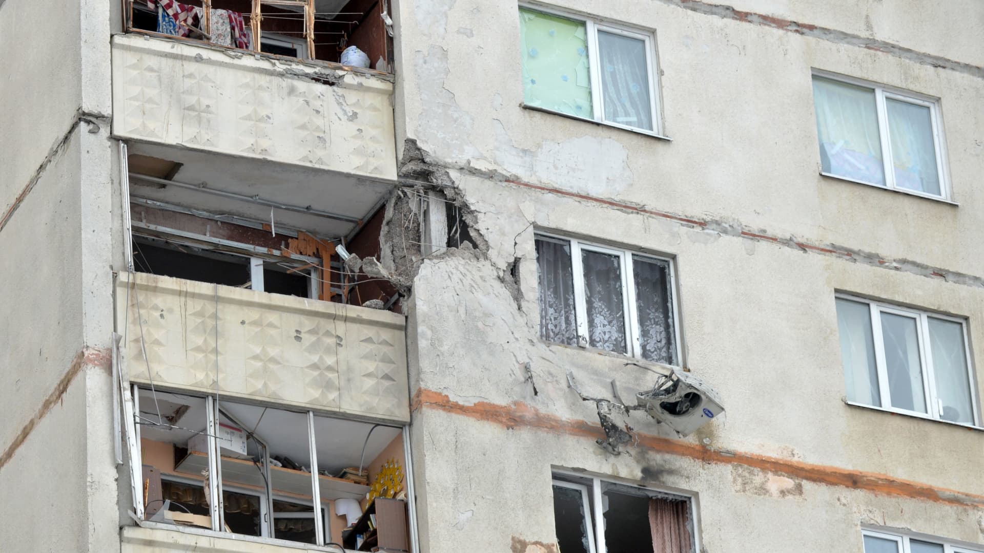 A view of a residential building damaged by recent shelling in Kharkiv on February 26, 2022.