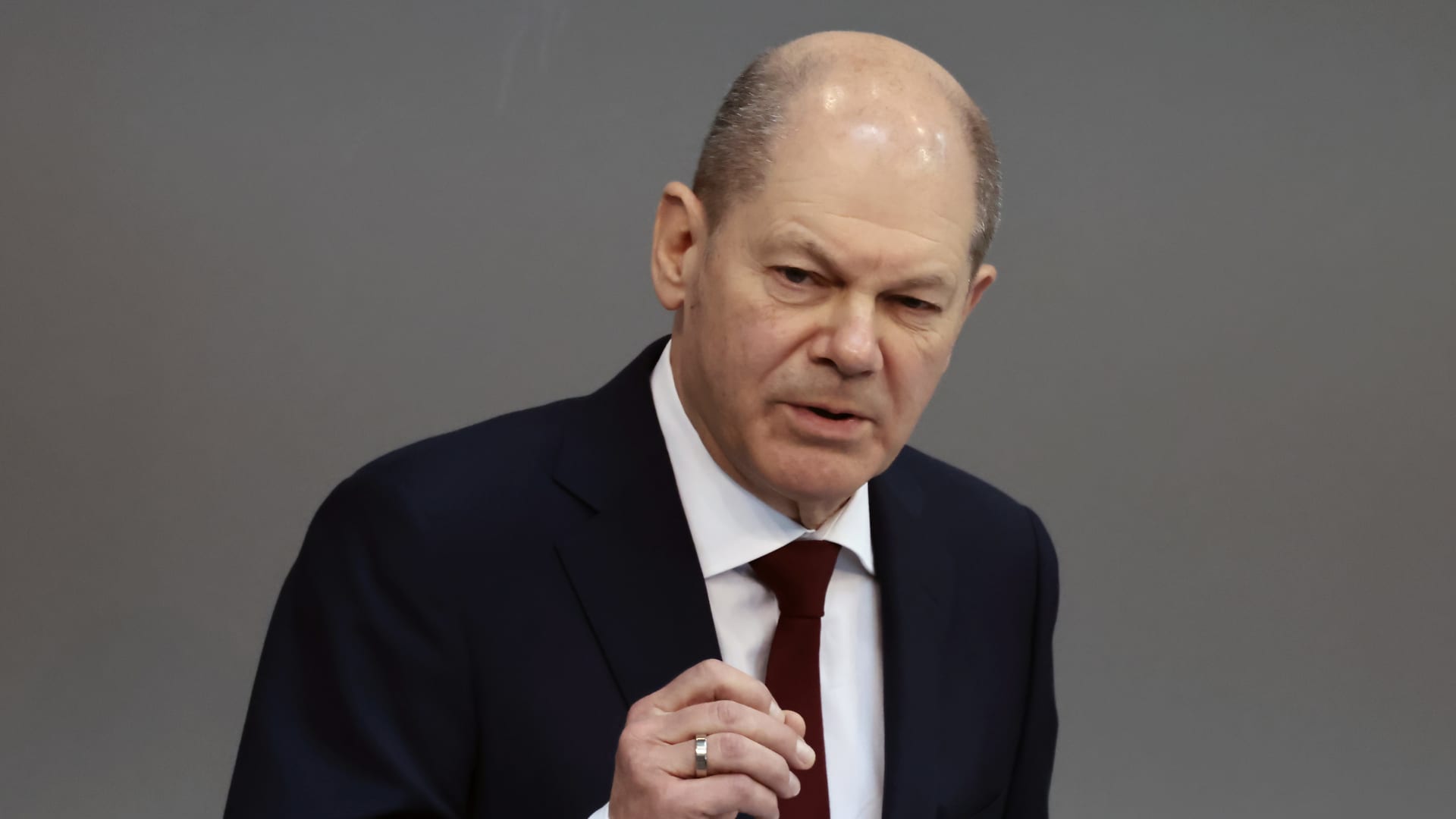 German Chancellor Olaf Scholz delivers a speech on the Russian invasion of the Ukraine during a meeting of the German federal parliament, the Bundestag, at the Reichstag building on February 27, 2022 in Berlin, Germany.