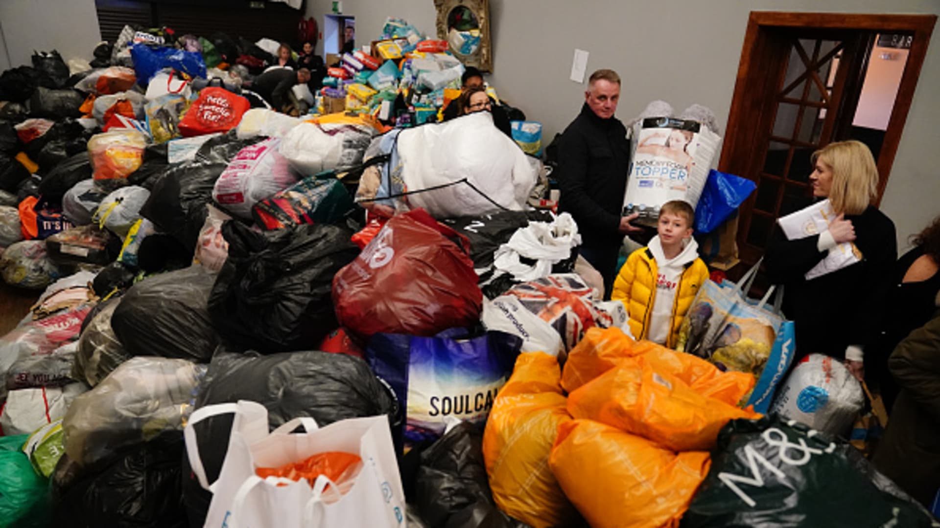 Members of the public drop off donations of aid for Ukrainian refugees at the Klub Orla Bialegoin Balham, south London, where it will be sorted before delivery overseas to those fleeing Ukraine following the Russian invasion.