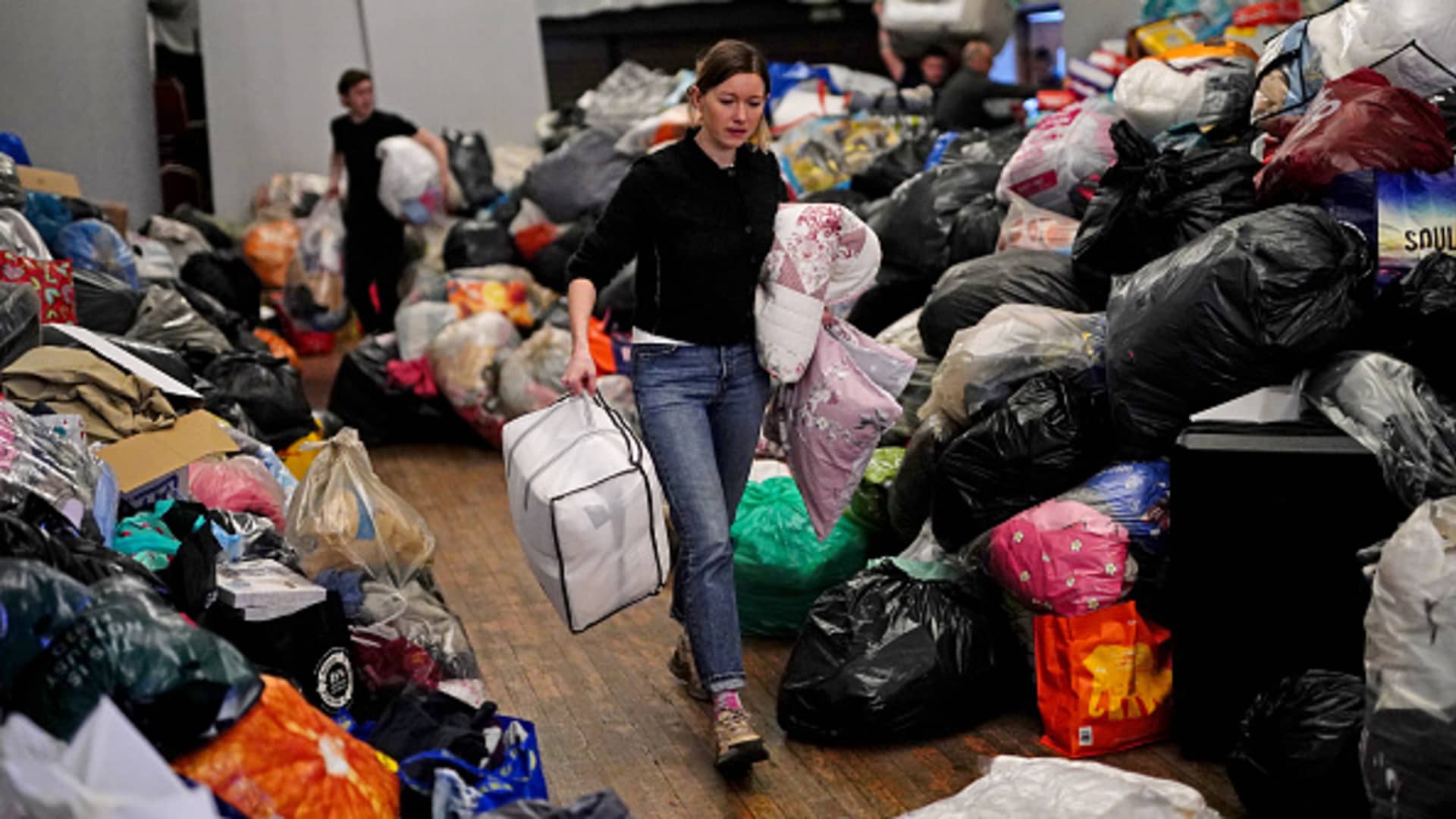 Volunteers at the Klub Orla Bialegoin Balham, south London, sort through donations made by members of the public to be sent overseas as aid to Ukrainian refugees fleeing the Russian invasion.