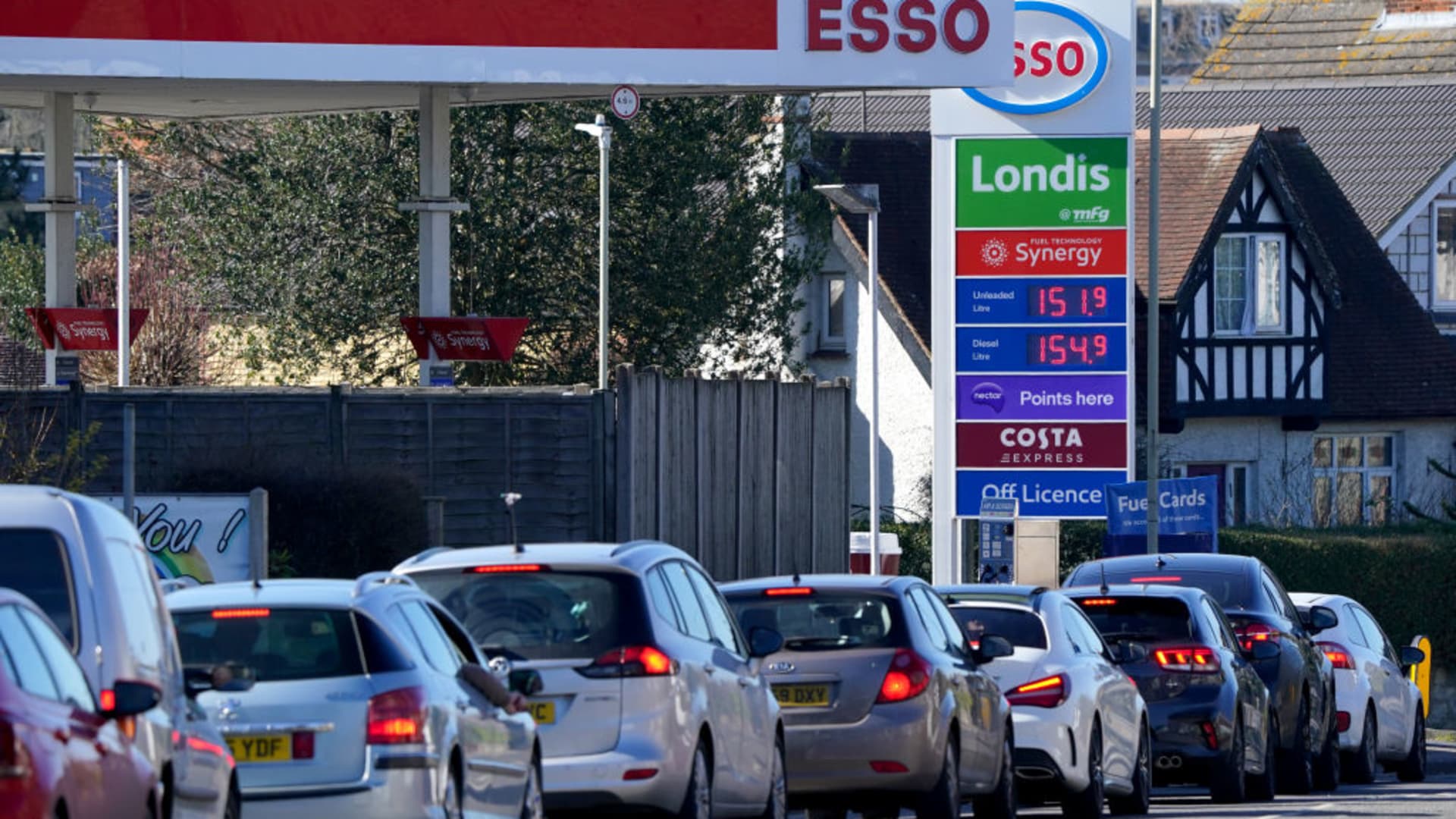 A busy Esso fuel station near Ashford in Kent where petrol is priced at £1.51 per litre.