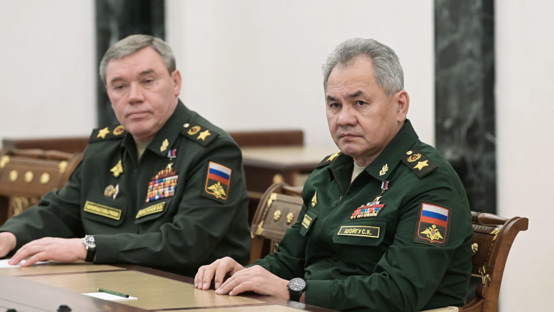 Russian Defence Minister Sergei Shoigu and Chief of the General Staff of Russian Armed Forces Valery Gerasimov attend a meeting with Russian President Vladimir Putin in Moscow, Russia February 27, 2022.