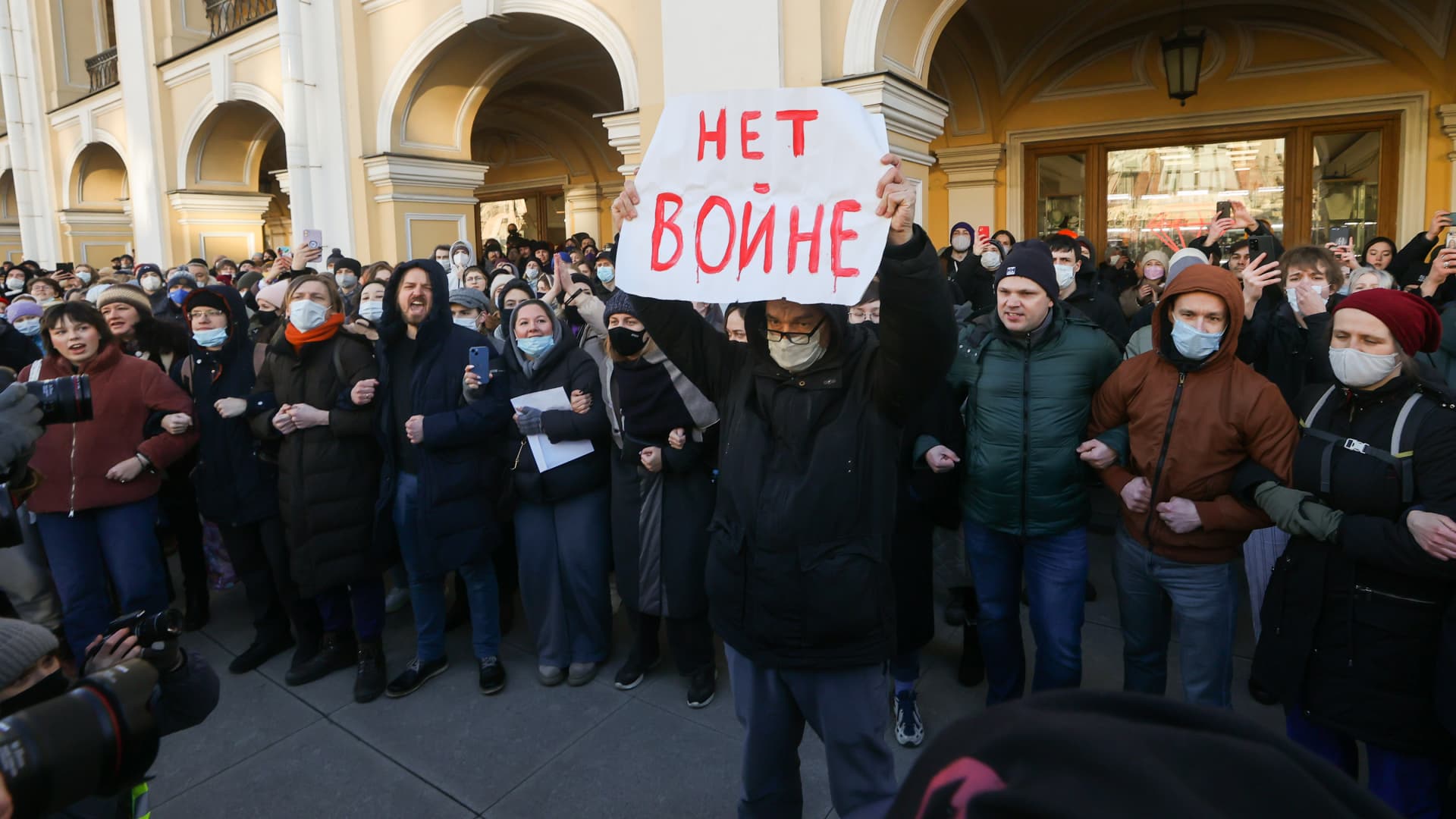 Participants in an unauthorized rally in central St Petersburg against the Russian military operation in Ukraine. Early on February 24, President Putin announced a special military operation by the Russian Armed Forces in response to appeals for help from the leaders of the Donetsk and the Lugansk People's Republics. The poster reads 'No to war'.