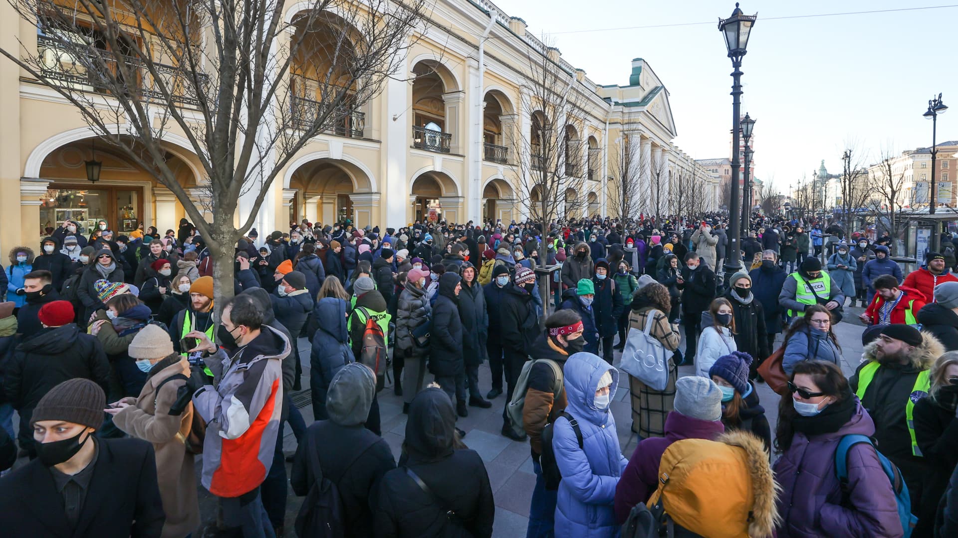 Participants in an unauthorized rally in central St Petersburg against the Russian military operation in Ukraine. Early on February 24, President Putin announced a special military operation by the Russian Armed Forces in response to appeals for help from the leaders of the Donetsk and the Lugansk People's Republics.