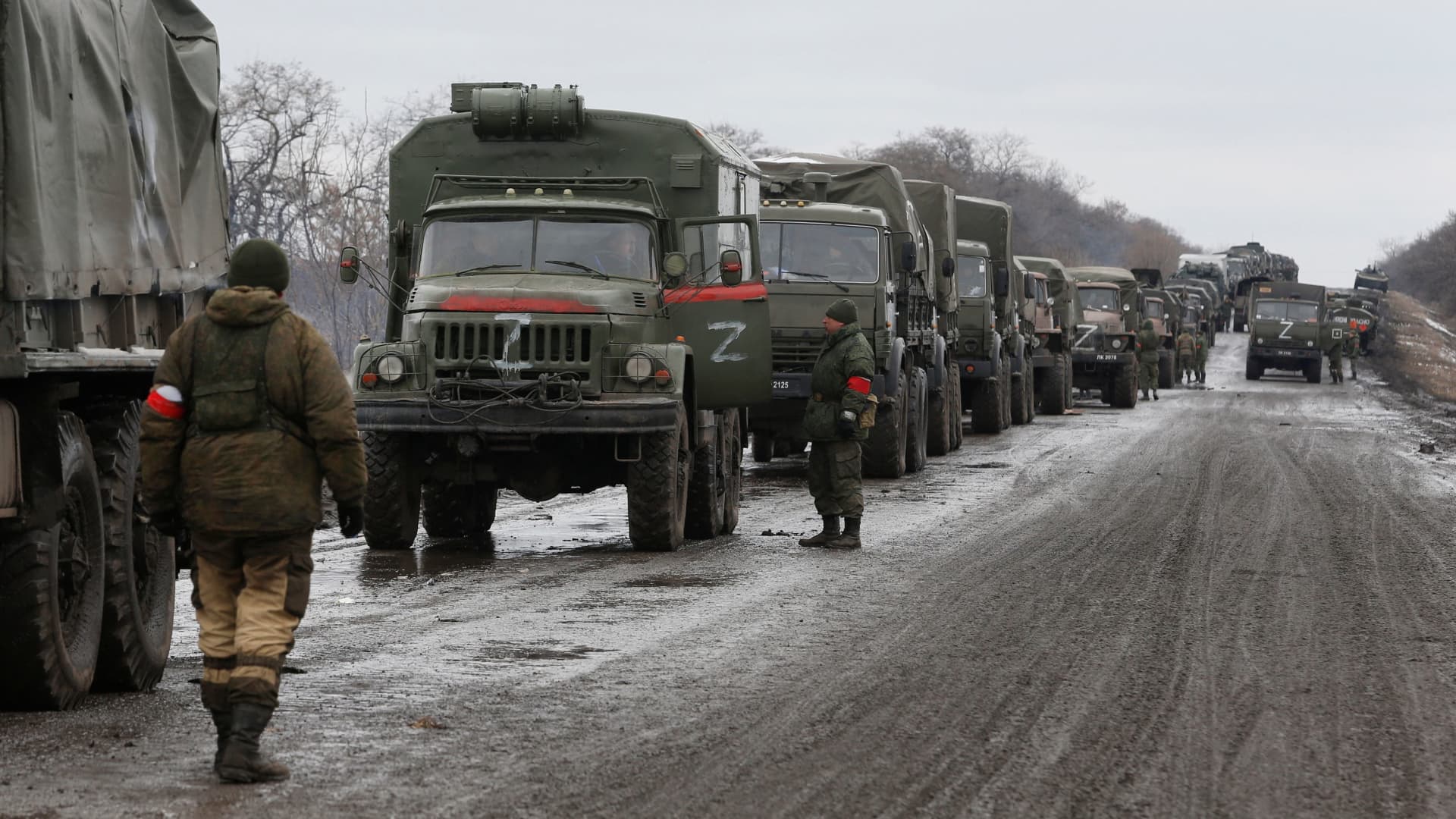 A view shows a military convoy of armed forces of the separatist self-proclaimed Luhansk People's Republic (LNR) on a road in the Luhansk region, Ukraine February 27, 2022.