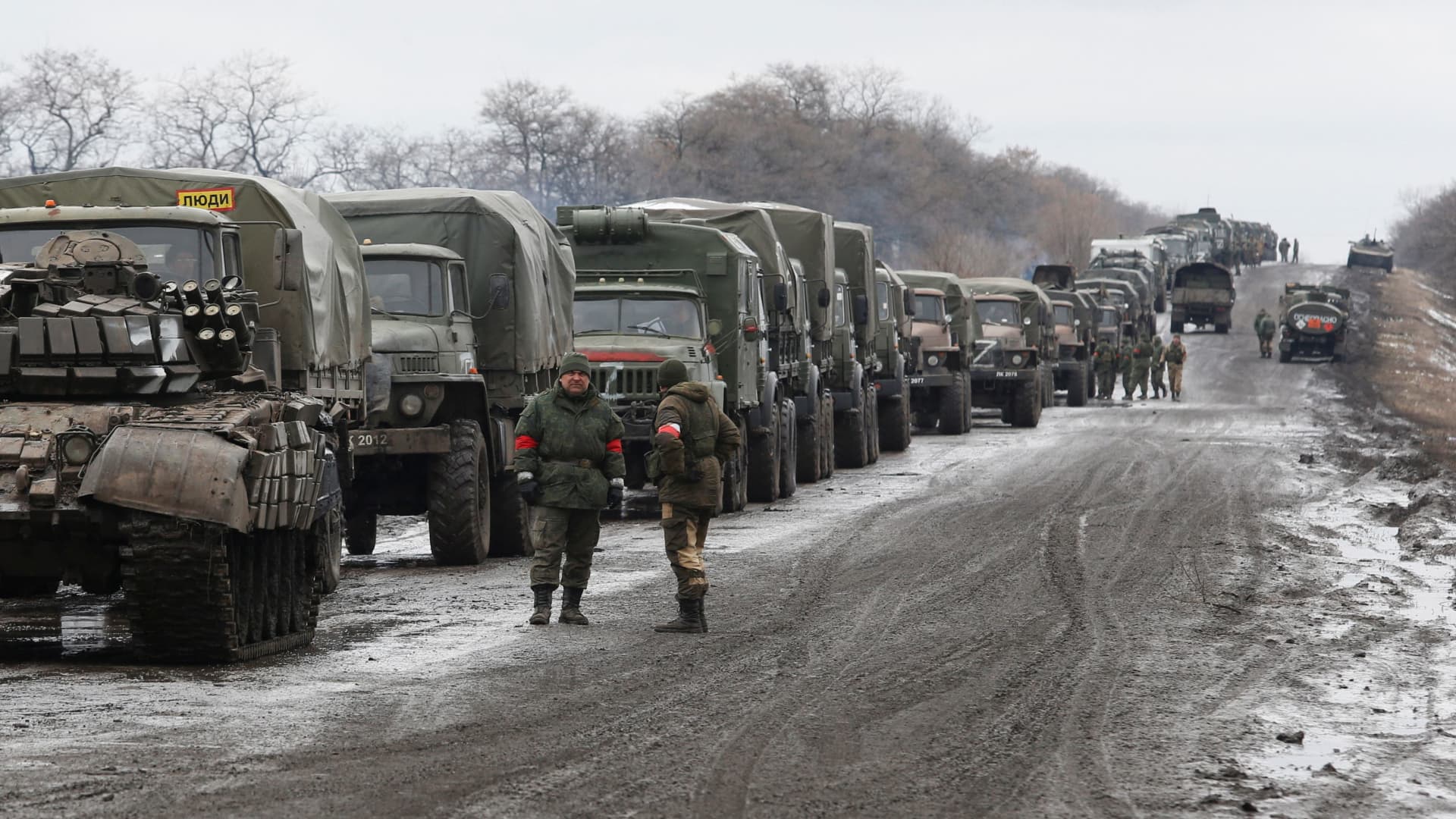 A view shows a military convoy of armed forces of the separatist self-proclaimed Luhansk People's Republic (LNR) on a road in the Luhansk region, Ukraine February 27, 2022.