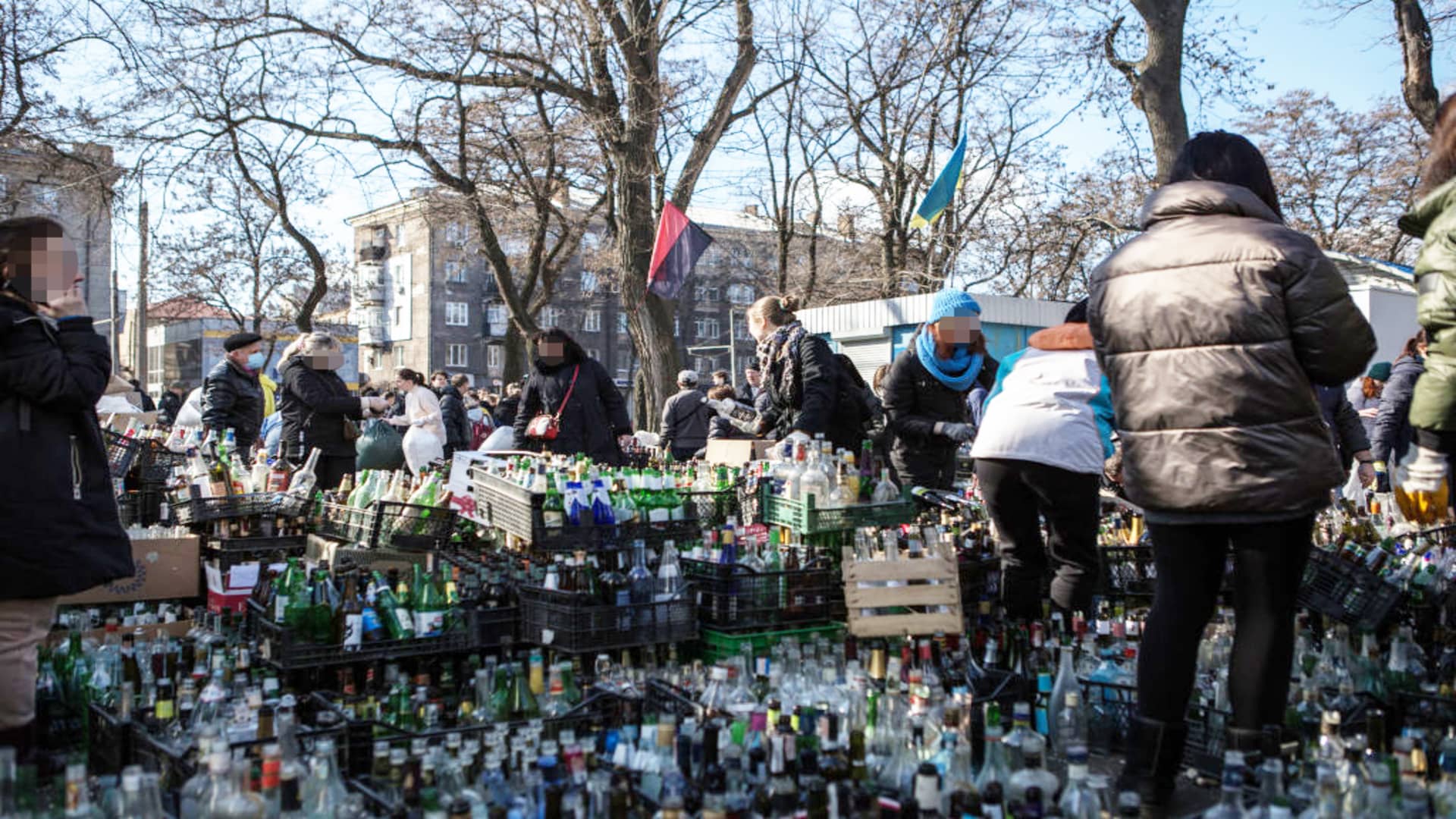 Dnipro locals gather at Rocket Park to prepare molotov cocktails on the 4th day since start of large-scale Russian attacks in the country, in Dnipro, Ukraine, on February 27, 2022