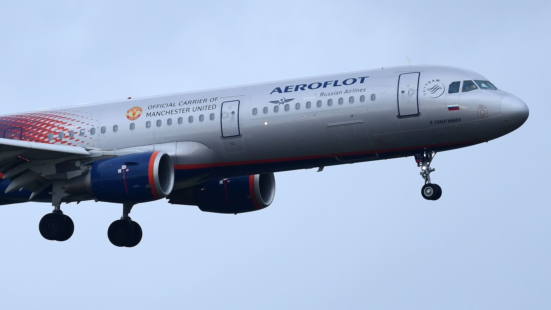 Airbus A321 Aeroflot official carrier Manchester United. Aircraft to Fiumicino Leonardo da Vinci Airport. Fiumicino, November 11th, 2021