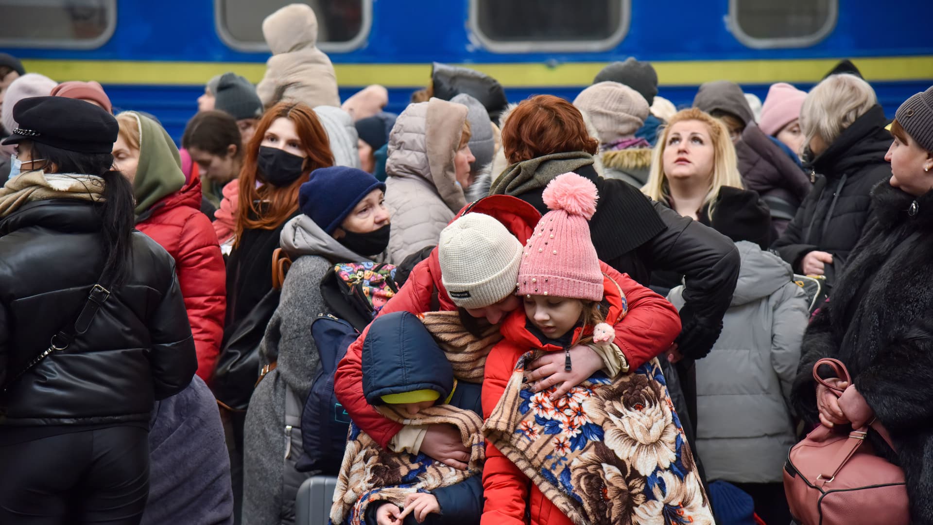 Refugees on the platform of Lviv railway station are seen waiting for trains to Poland on Feb. 27th, 2022.