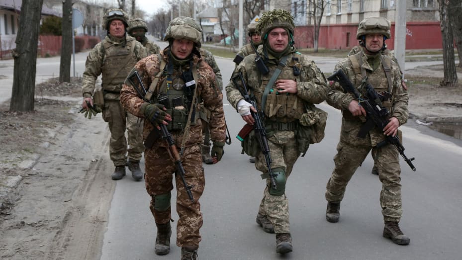Ukrainian soldiers in the small town of Severodonetsk, Donetsk Region on February 27, 2022.