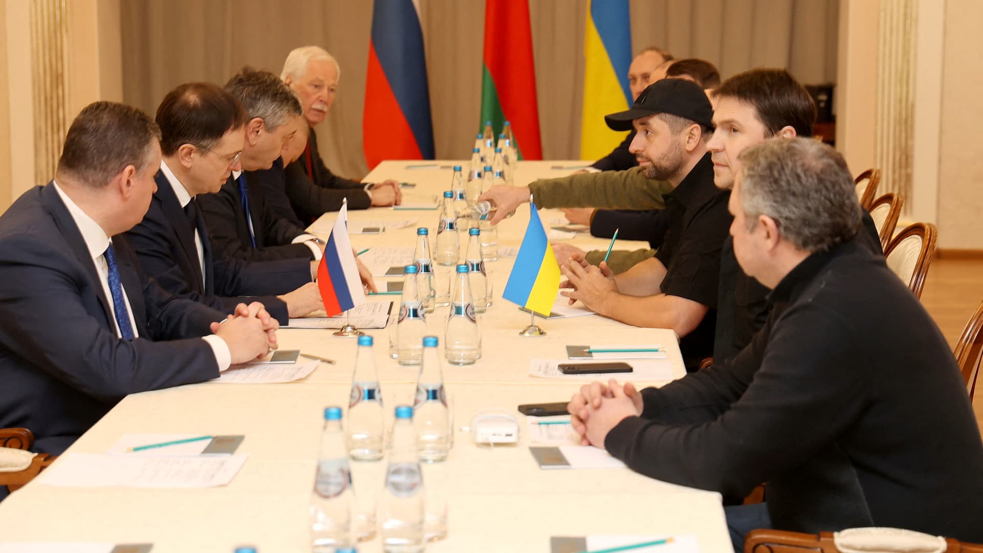 Russian and Ukrainian officials take part in the talks in the Gomel region, Belarus February 28, 2022.