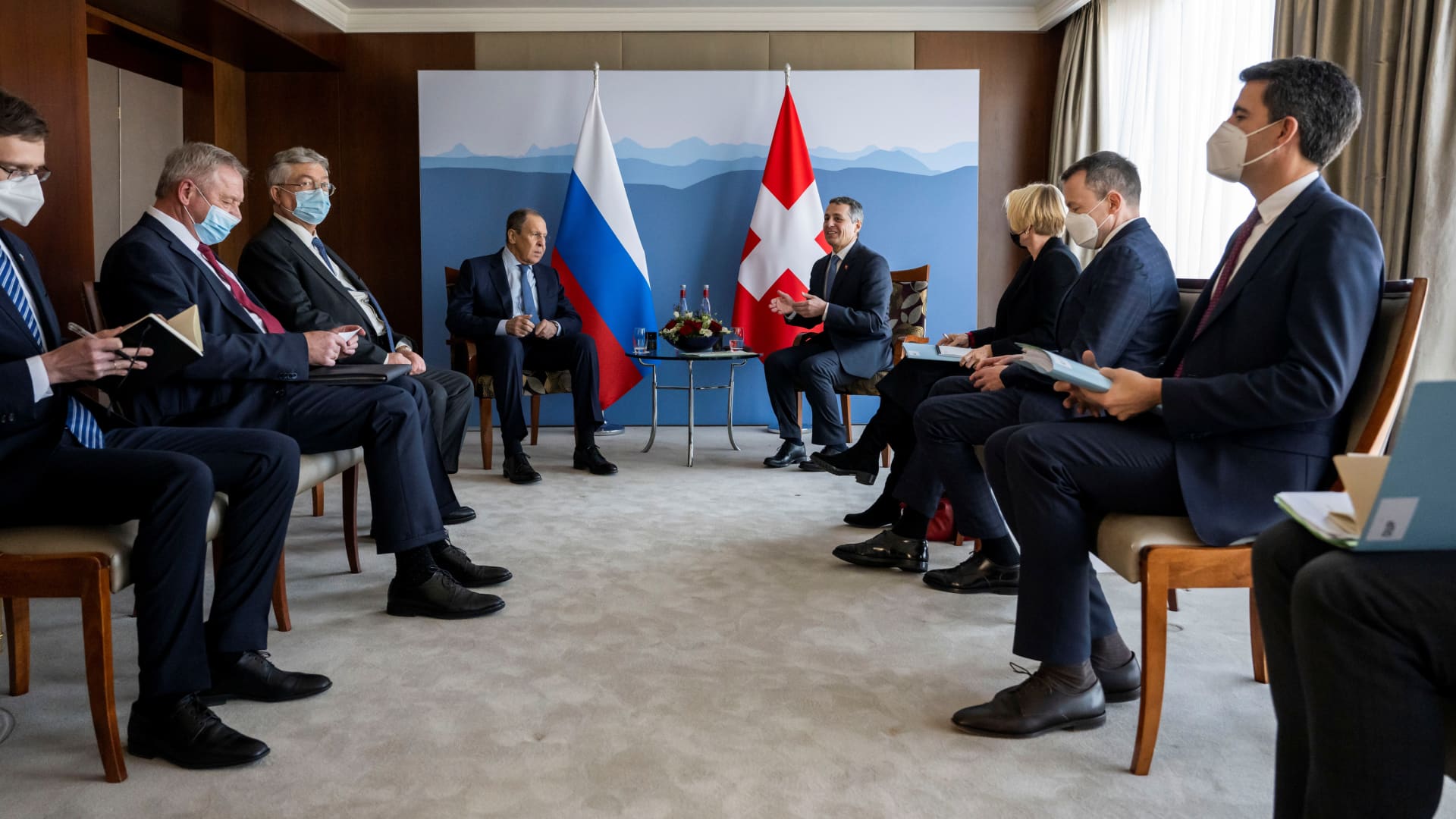 Russian Foreign Minister Sergei Lavrov and Swiss President Ignazio Cassis meet in Geneva, Switzerland, January 21, 2022.