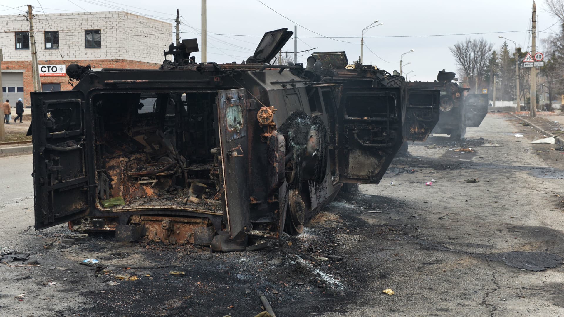 This picture shows Russian infantry mobility vehicles GAZ Tigr destroyed as a result of fight in Kharkiv, located some 50 km from Ukrainian-Russian border, on February 28, 2022.