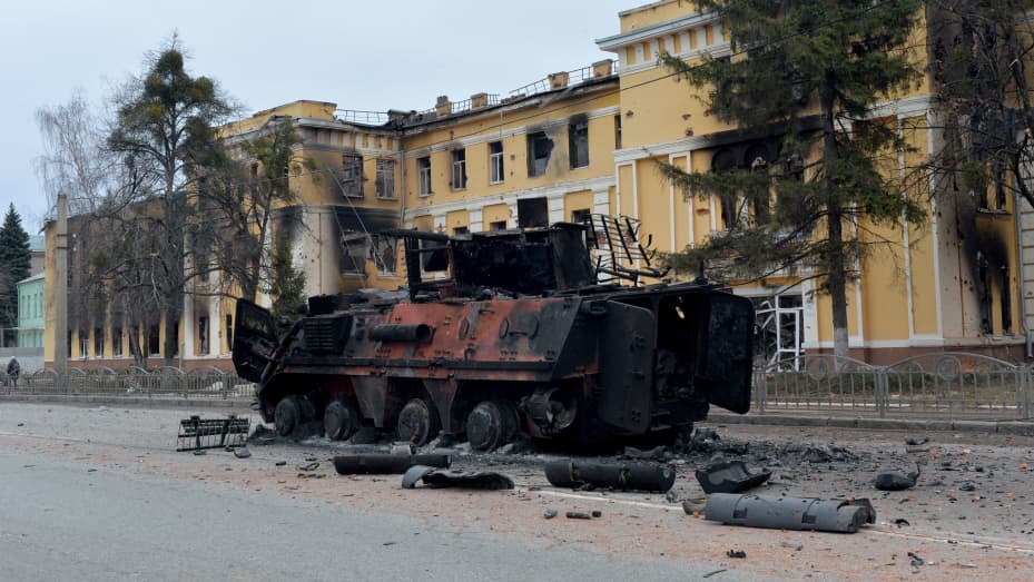 This photograph shows an Ukrainian armoured personnel carrierBTR-4 destroyed as a result of fight not far from the centre of Ukrainian city of Kharkiv, located some 50 km from Ukrainian-Russian border, on February 28, 2022.