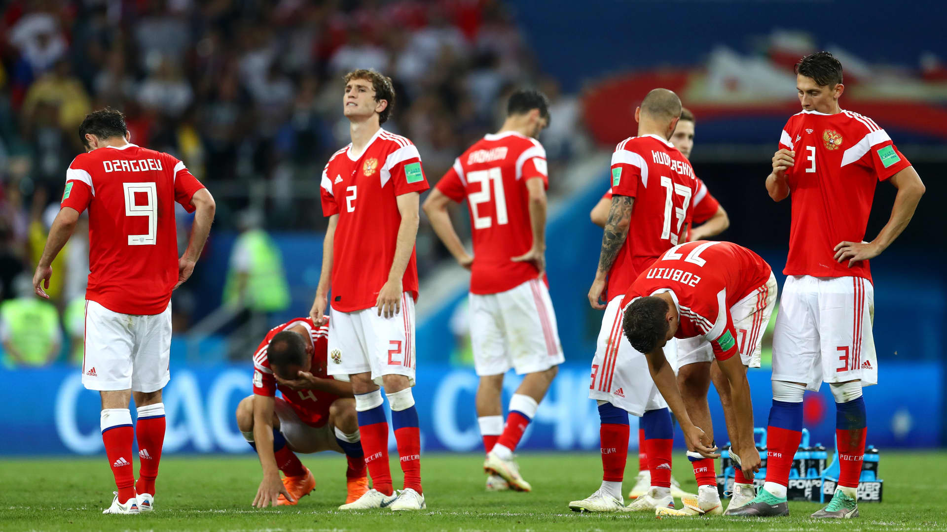 Players of Russia show their dejection following the defeat in the 2018 FIFA World Cup Russia Quarter Final match between Russia and Croatia at Fisht Stadium on July 7, 2018 in Sochi, Russia.