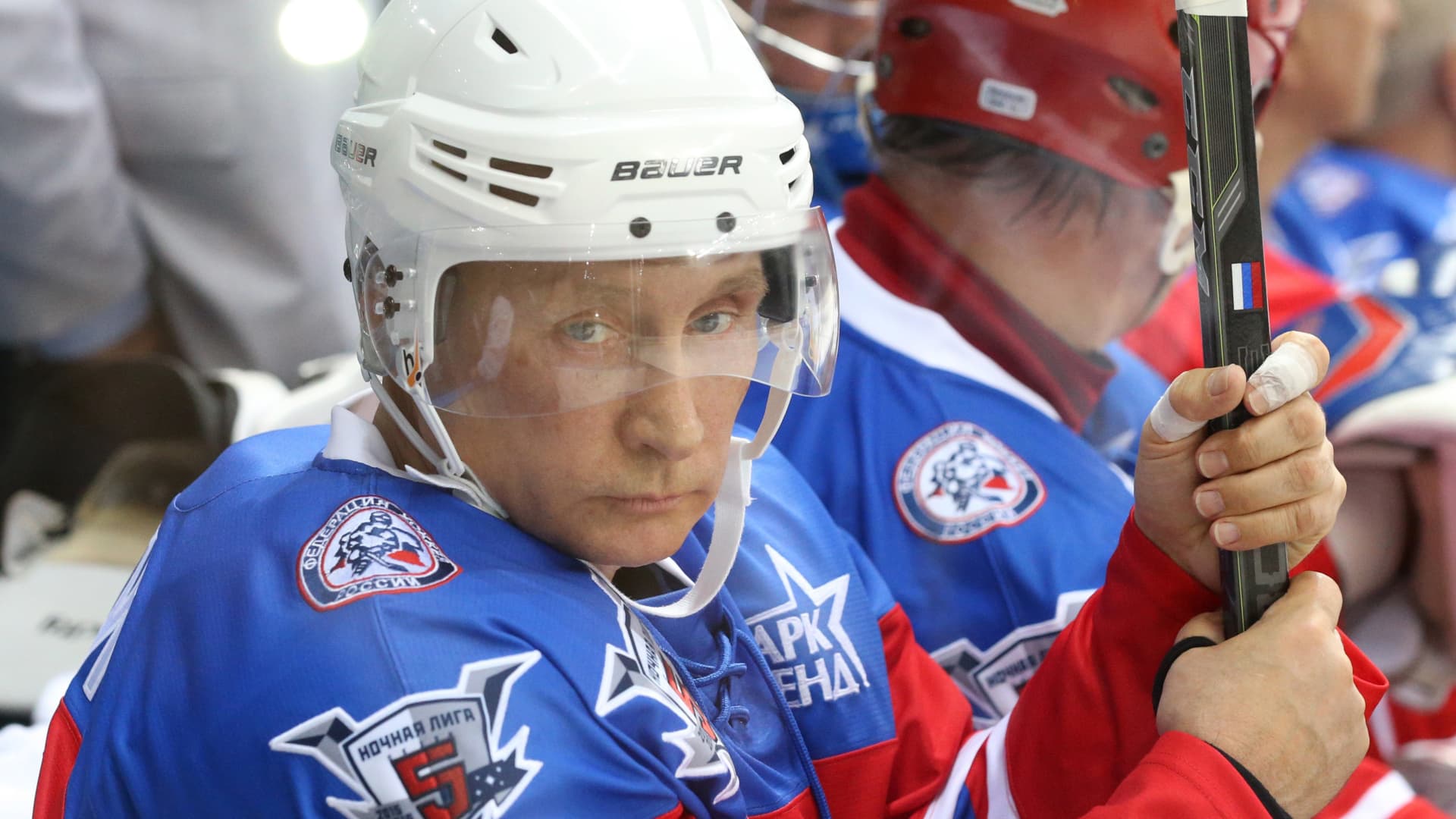 Russian President Vladimir Putin attends a Night Hockey League ice hockey match on October 7, 2015 in Sochi, Russia. Putin spent his 63rd birthday playing hockey with NHL stars.