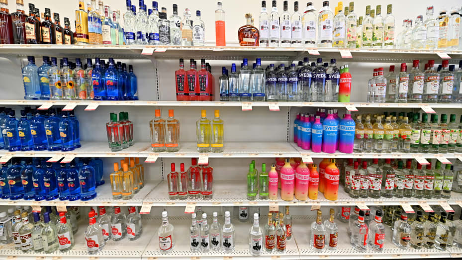 Empty spaces in the shelves of the vodka section of a Pennsylvania liquor store after Russian labels were removed.