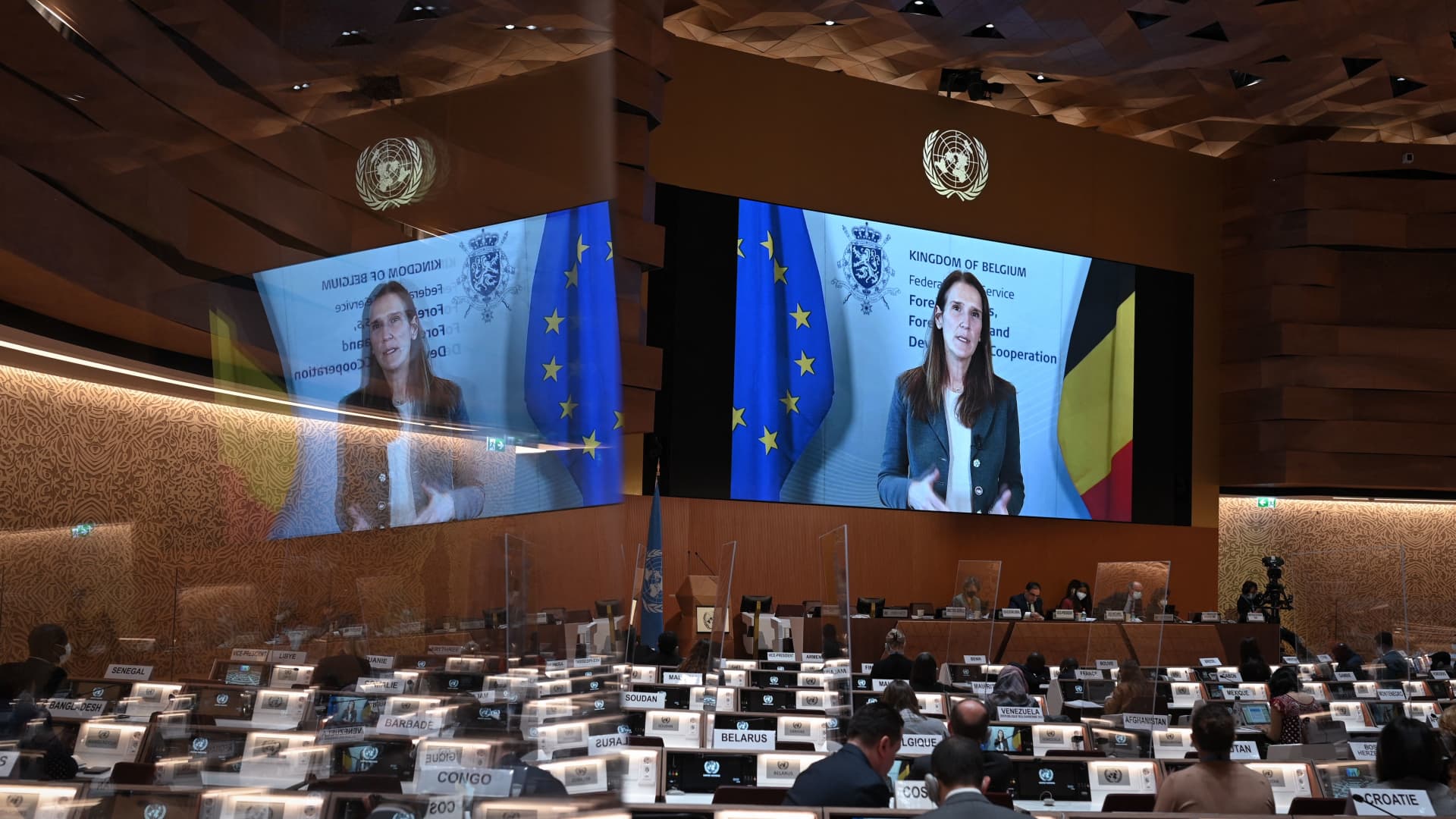 Belgian Foreign Minister Sophie Wilmes delivers a remote speech at the opening of a session of the U.N. Human Rights Council in Geneva on February 28, 2022.