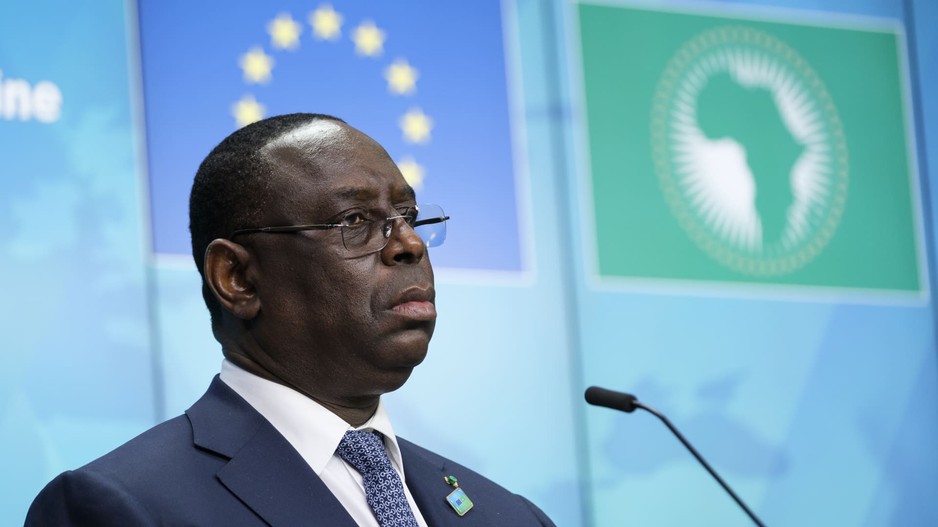 President of Senegal Macky Sall speaks to media during an EU-Africa Summit on February 17, 2022 in Brussels, Belgium.