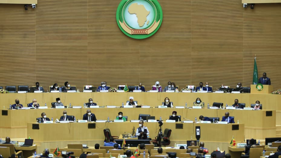 ADDIS ABABA, Ethiopia - Feb. 6, 2022: President of Senegal Macky Sall (Right at the rostrum) makes a speech during the 35th African Union (AU) Summit in Addis Ababa, Ethiopia on February 6, 2022.