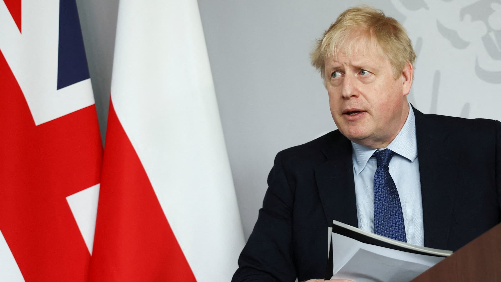 British Prime Minister Boris Johnson looks on during a news conference at British Embassy in Warsaw, Poland, March 1, 2022.