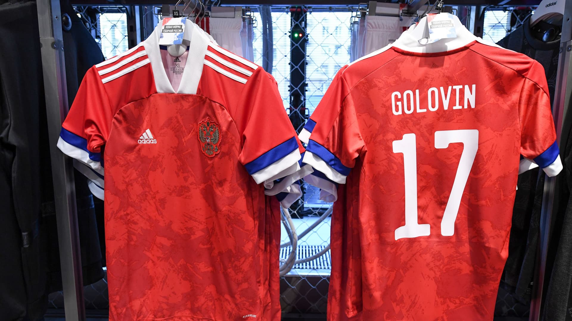 A picture shows the new Adidas-designed jerseys of the Russian national football team at an official Adidas store in Moscow on November 13, 2019.