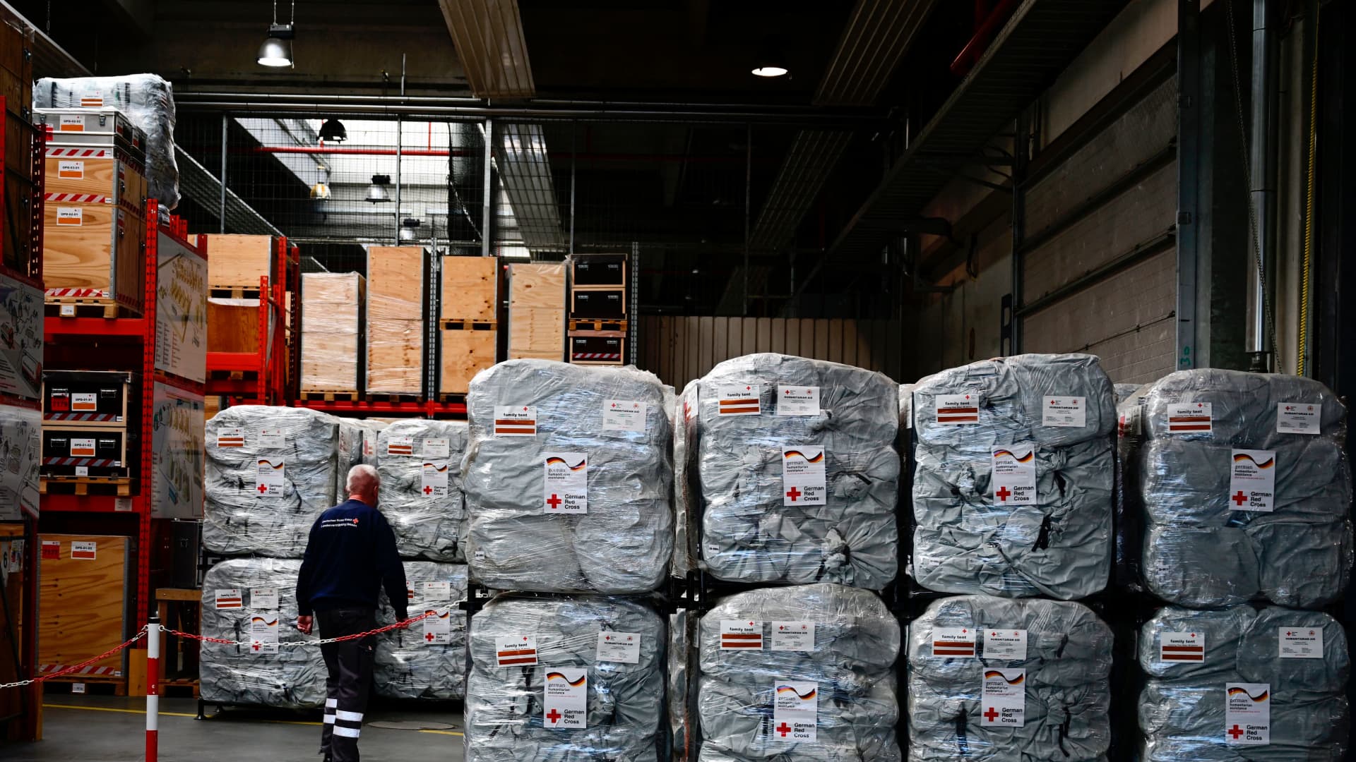 Members of the German Red Crossprepare relief shipments for Ukrainian refugees to the Polish border in Schoenefeld near Berlin on March 1, 2022.
